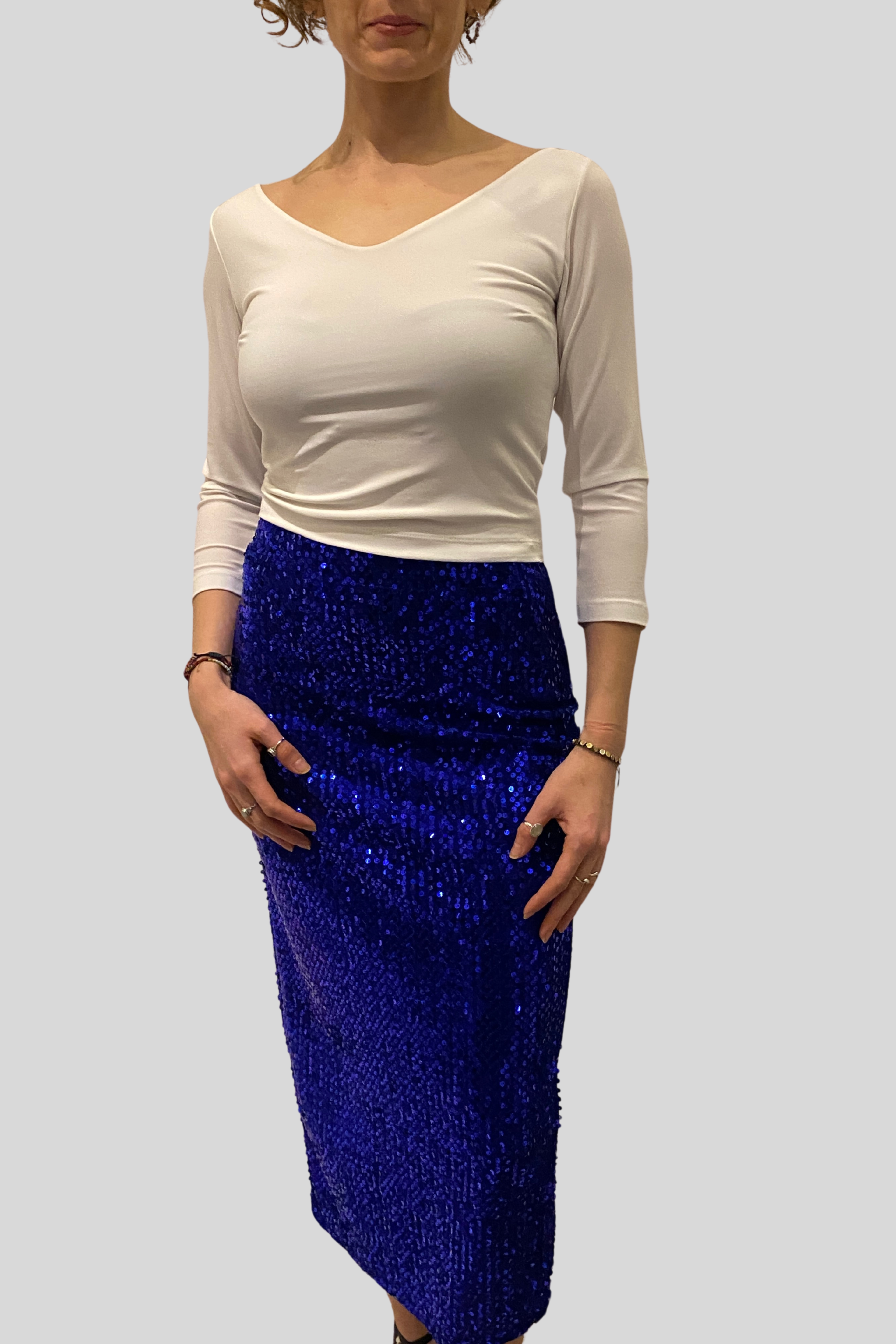 Blue Sequin SlimFit Tango Skirt with Back Slid