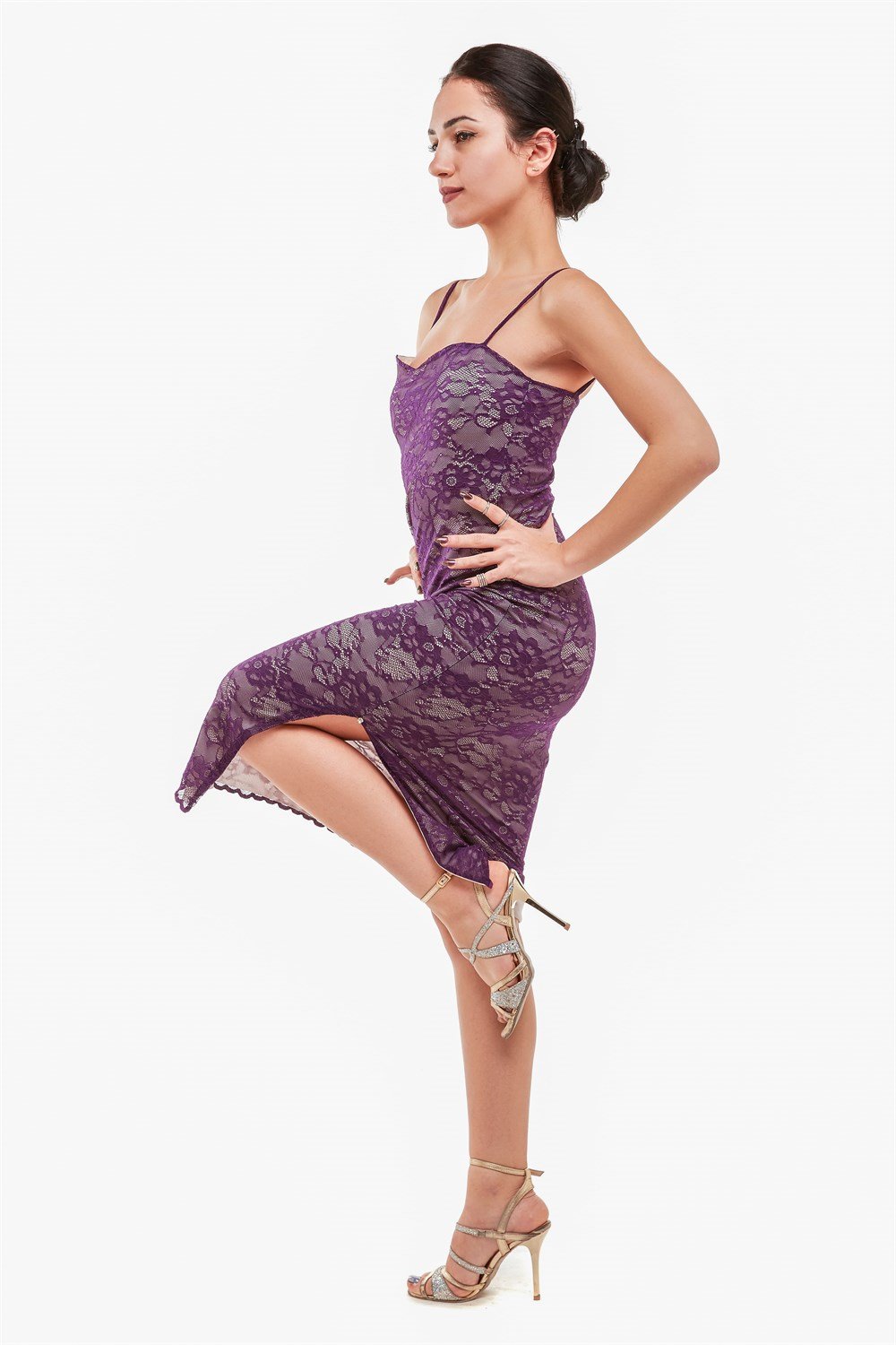 Mor Dantel Askılı Elbise