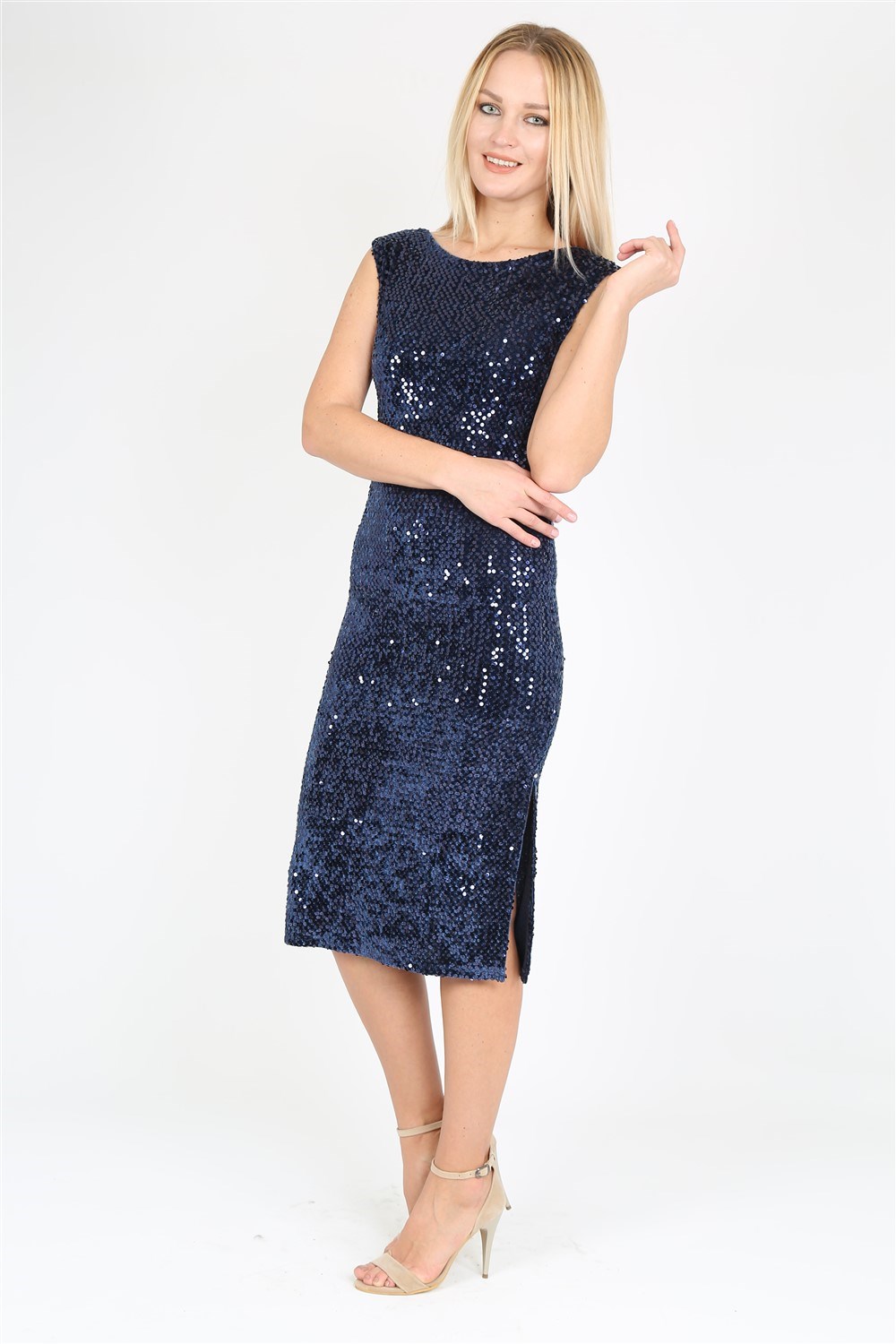 Payetli Pullu Kadife Sırt V Elbise No3