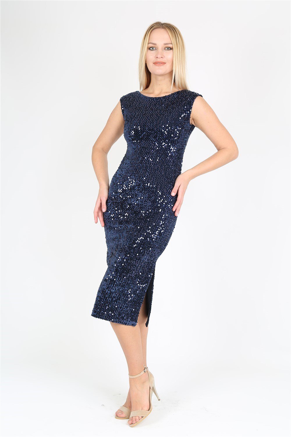 Payetli Pullu Kadife Sırt V Elbise No3