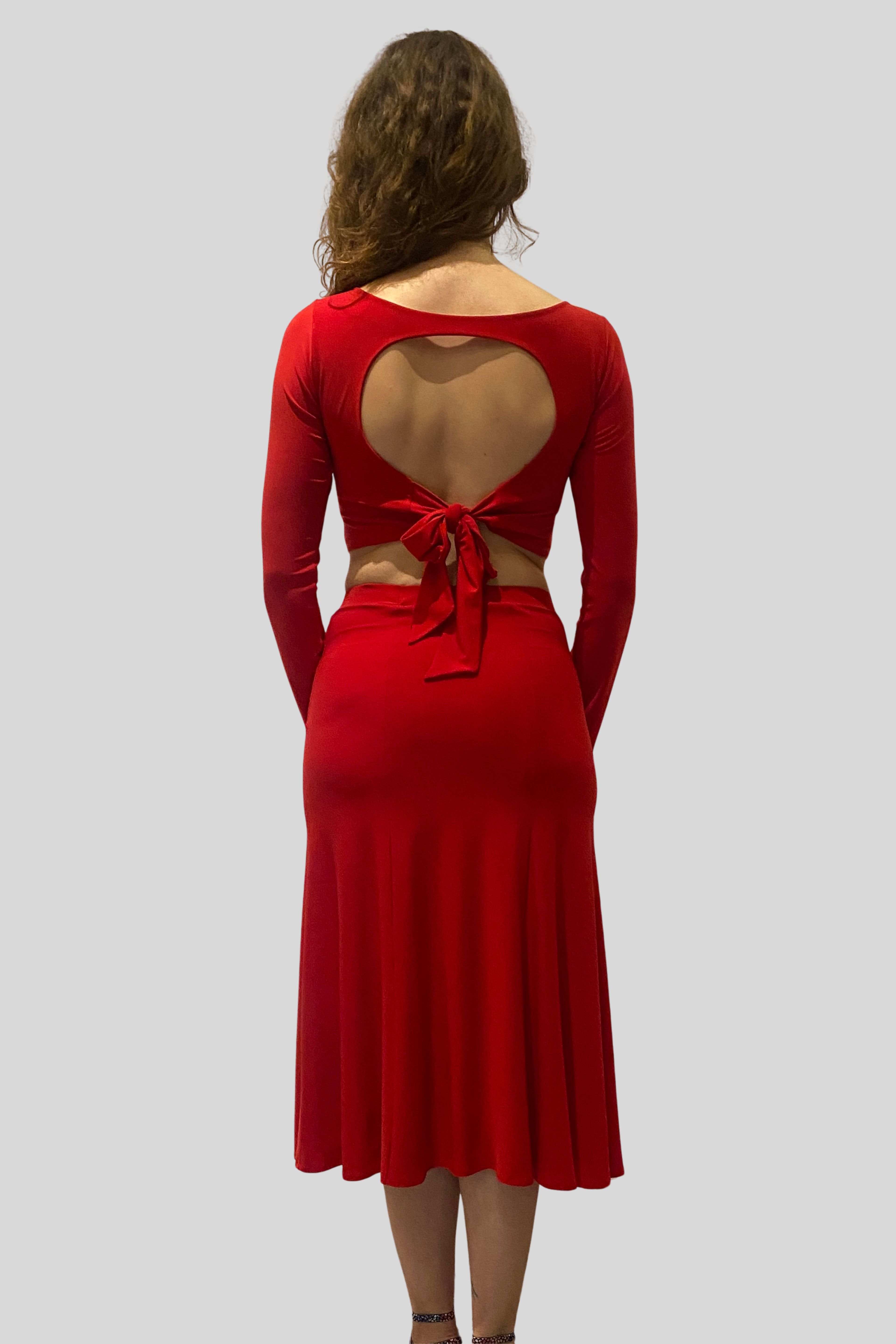 Red Cotton Lycra Six Panel Tango Skirt Flor