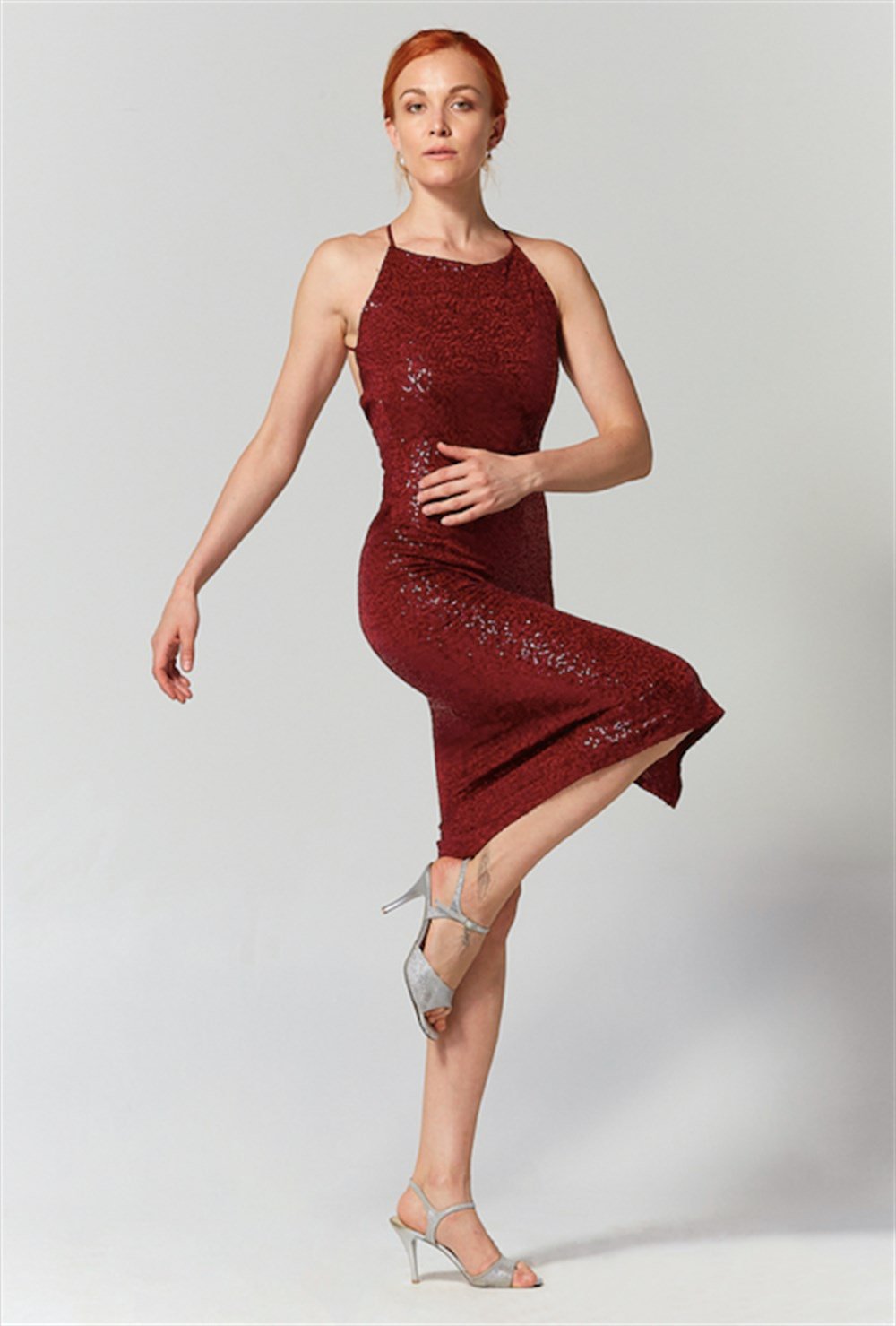 Bordo Payetli İnce Askılı Sırt Açık Elbise Hulya