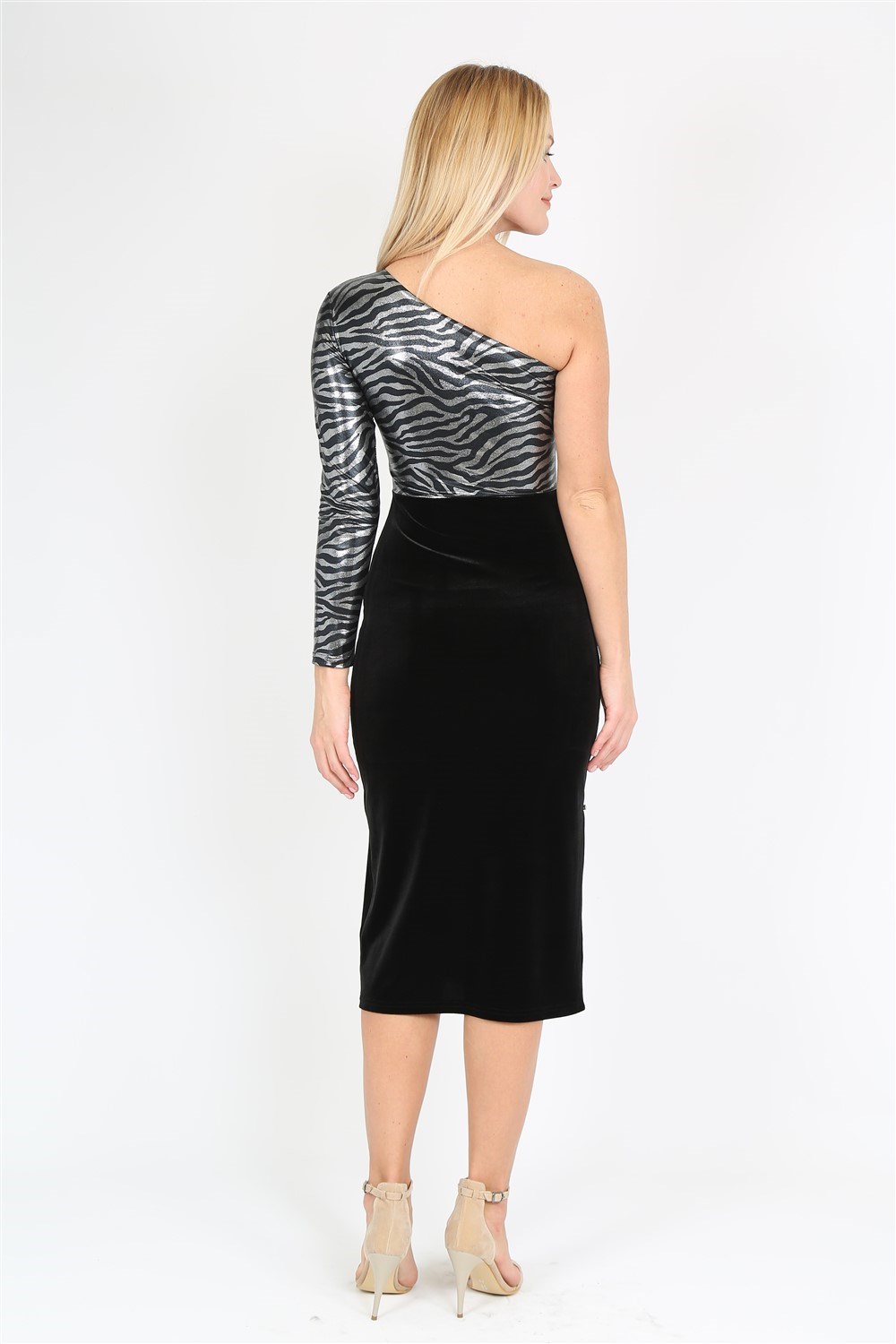 Tek Omuz Kadife Detaylı Elbise No2-B