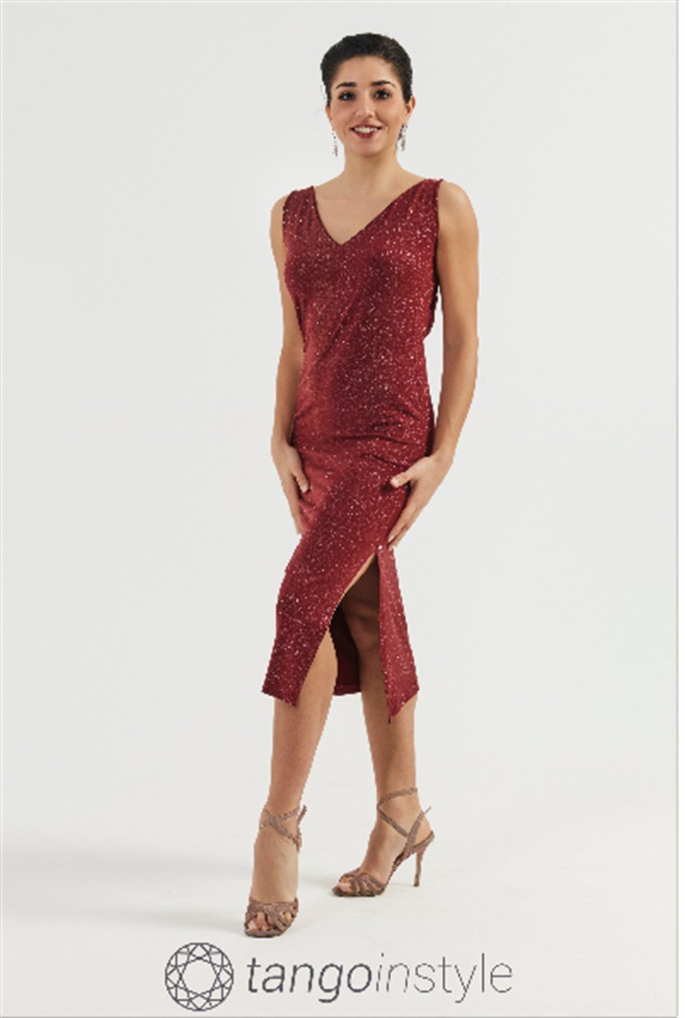 V Yaka Sırtı Açık Simli Elbise