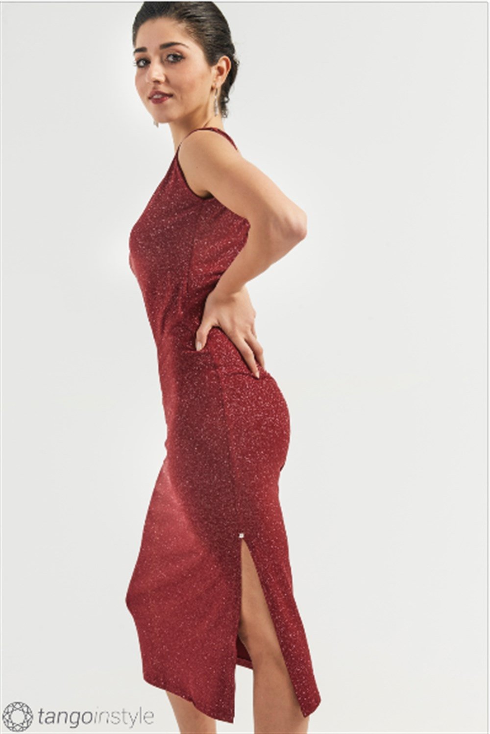 V Yaka Sırtı Açık Simli Elbise