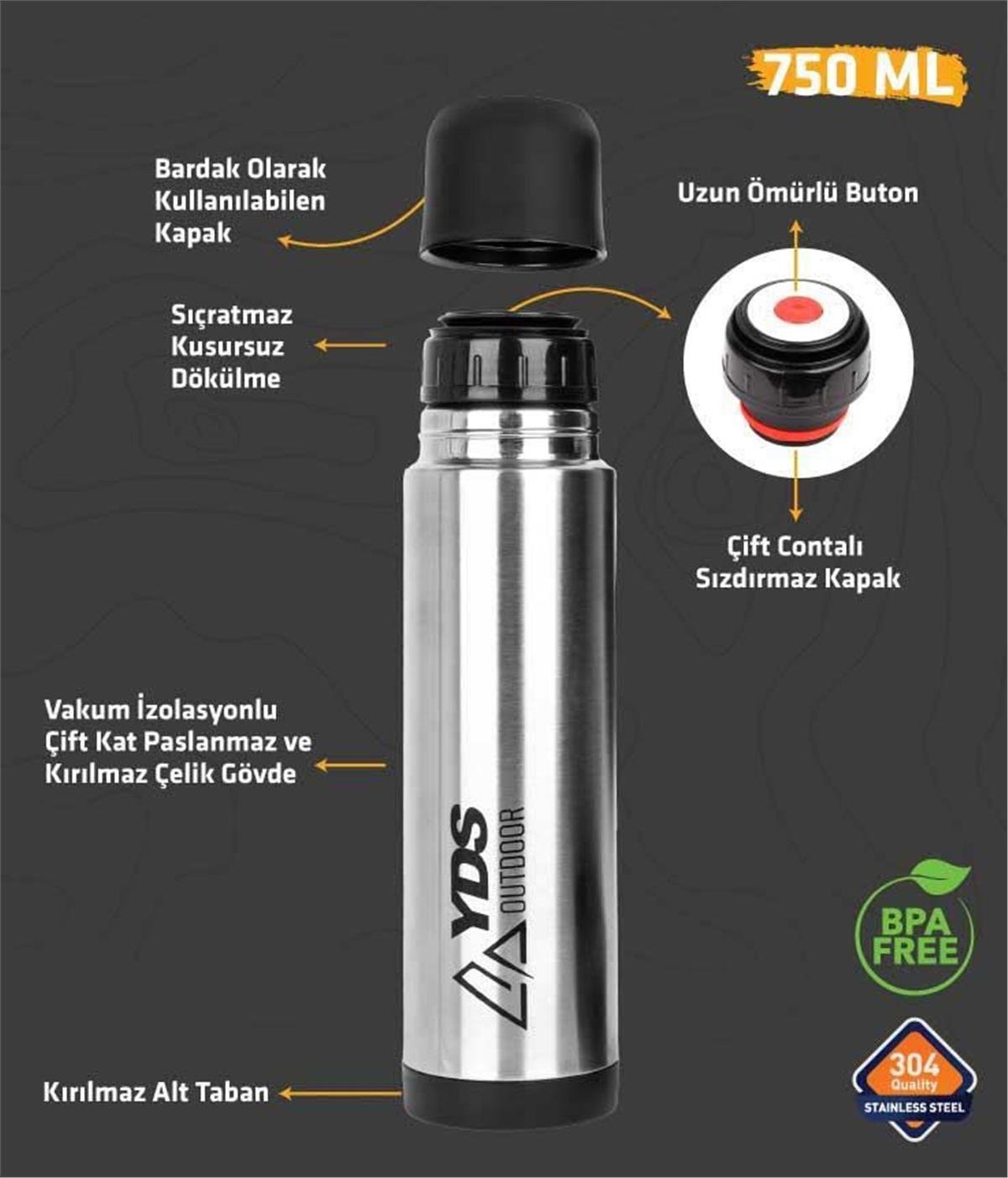YDS ÇELİK TERMOS 750ML -GÜMÜŞ