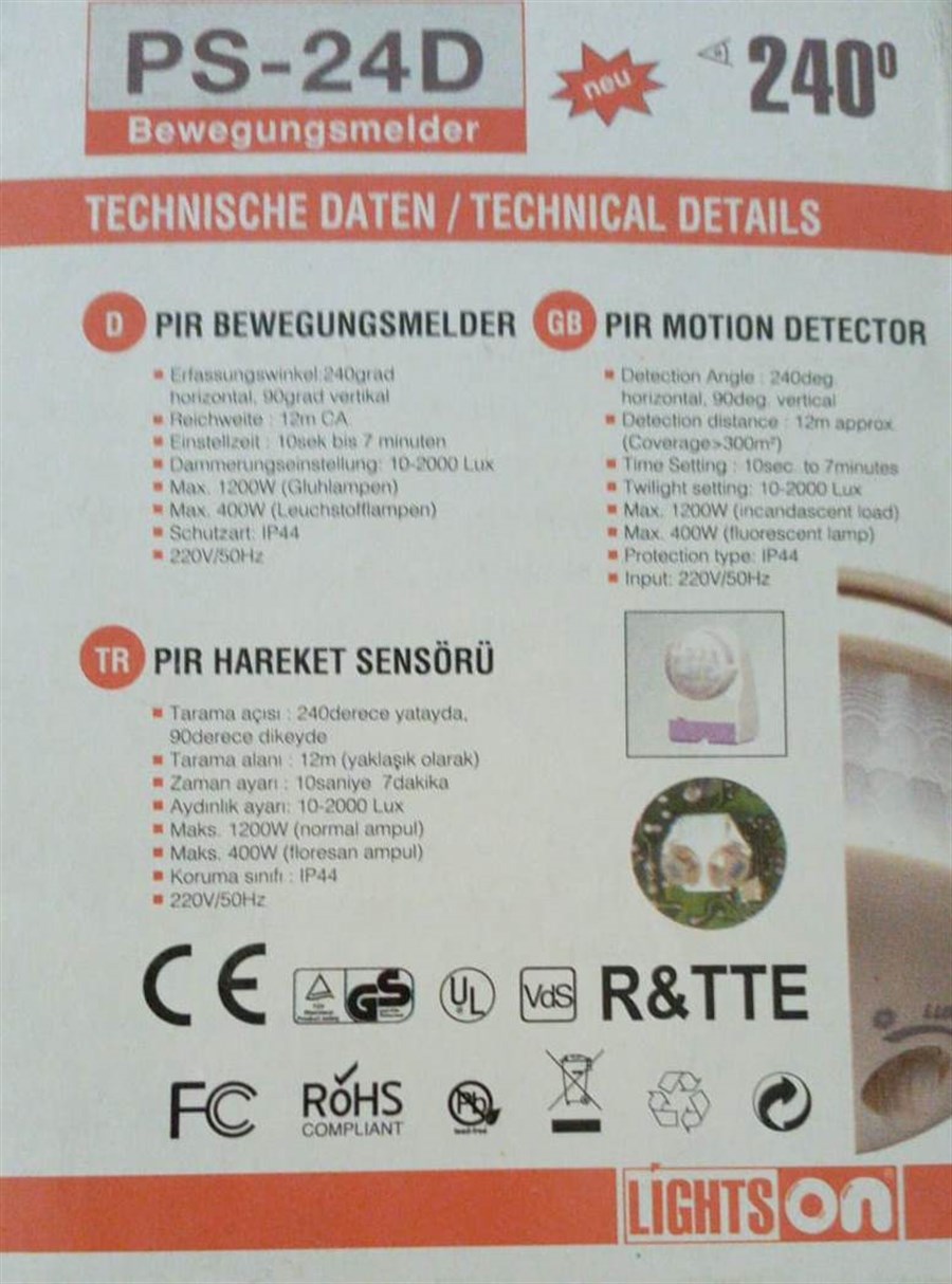 LİGHTSON SENSÖR DUVAR TİPİ  240º PS-24D (SIVA ÜSTÜ)