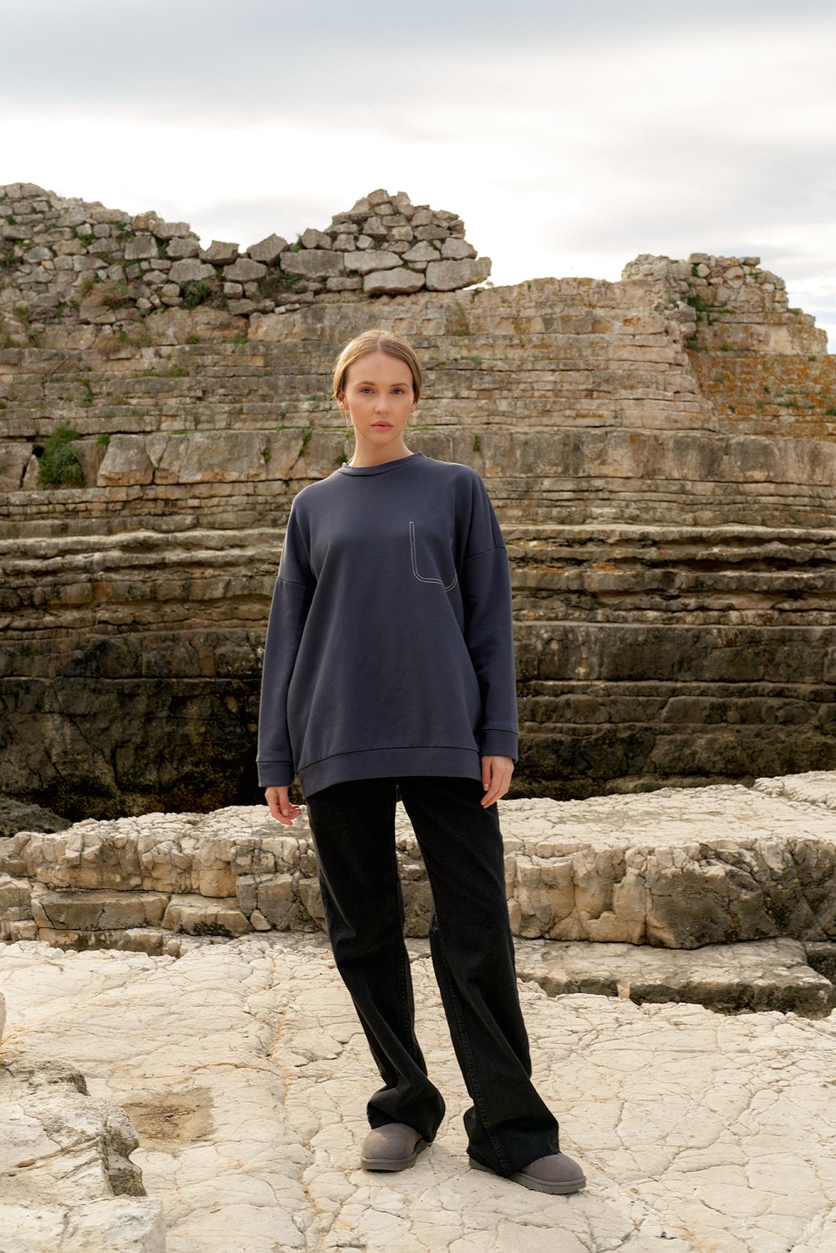 Cep Dikişli Sweat - Füme