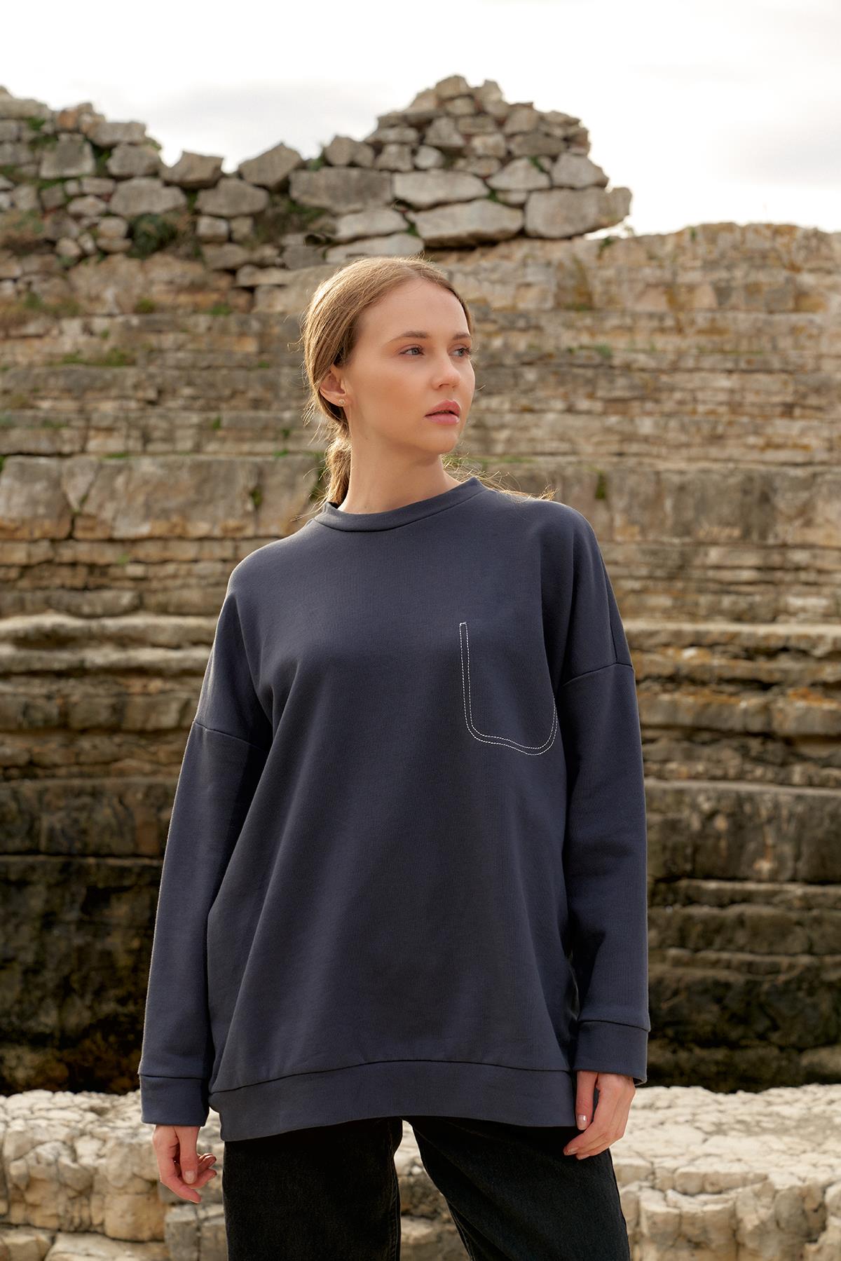 Cep Dikişli Sweat - Füme