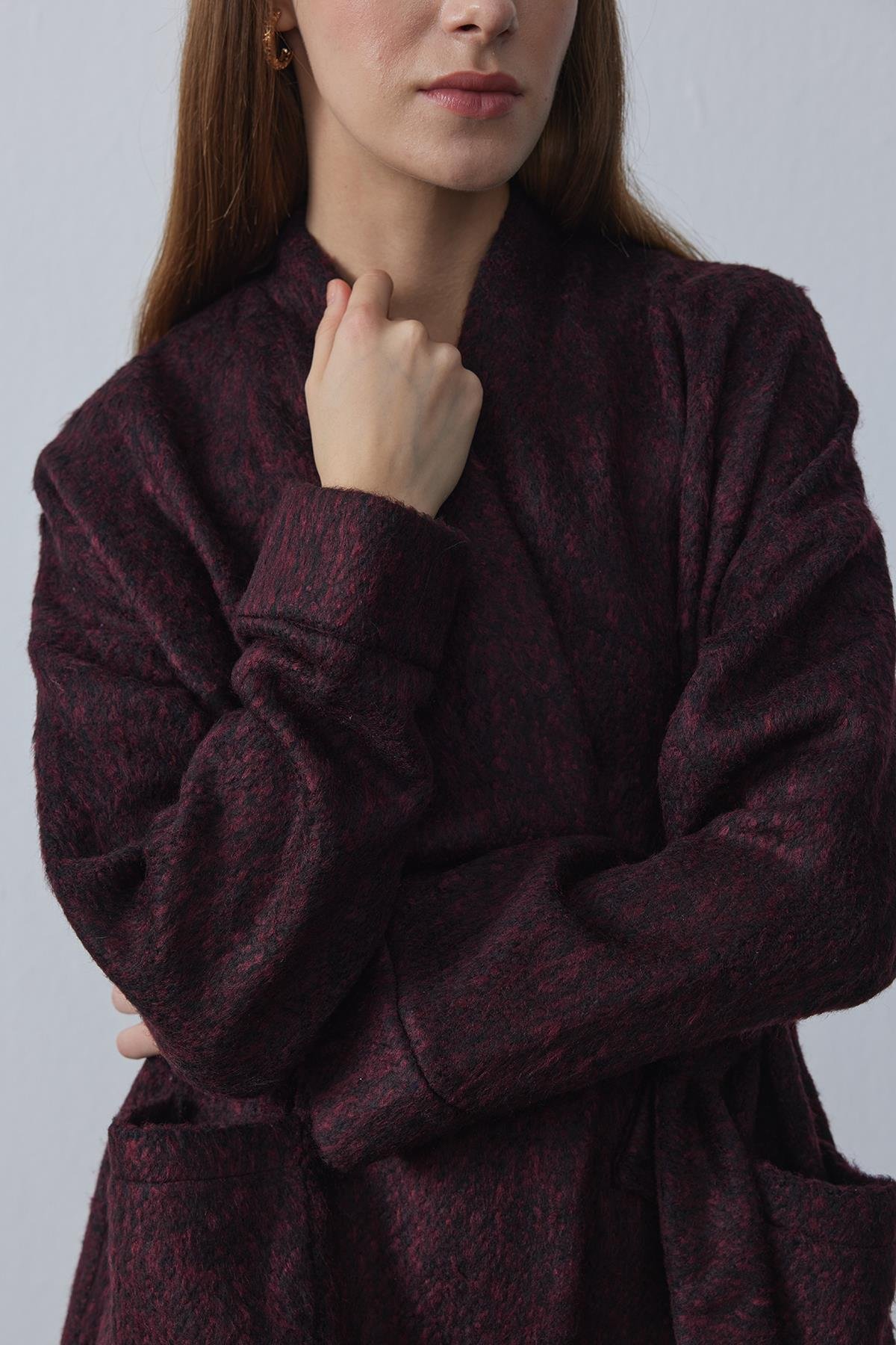 Kruvaze Bordo Kırçıllı Hırka