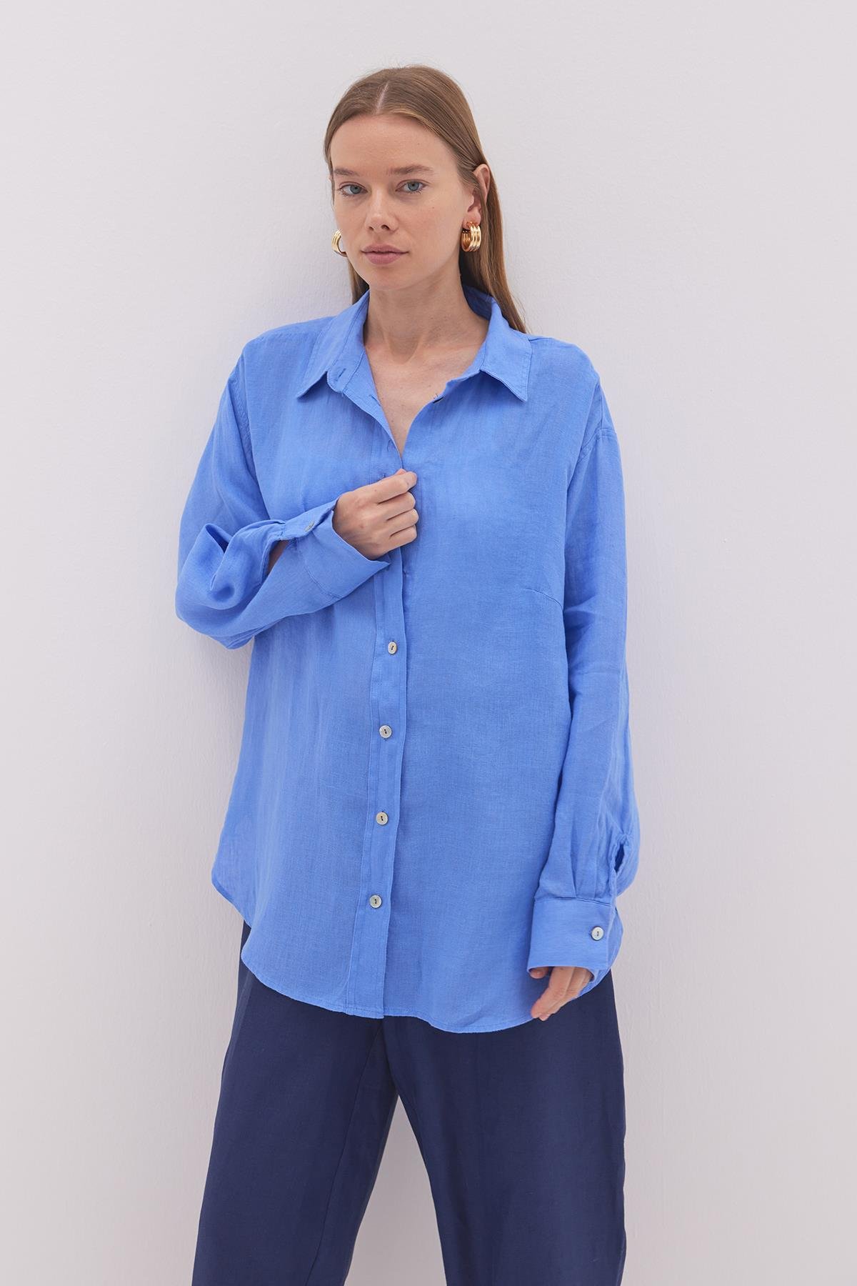 Linen Basic Gömlek İndigo