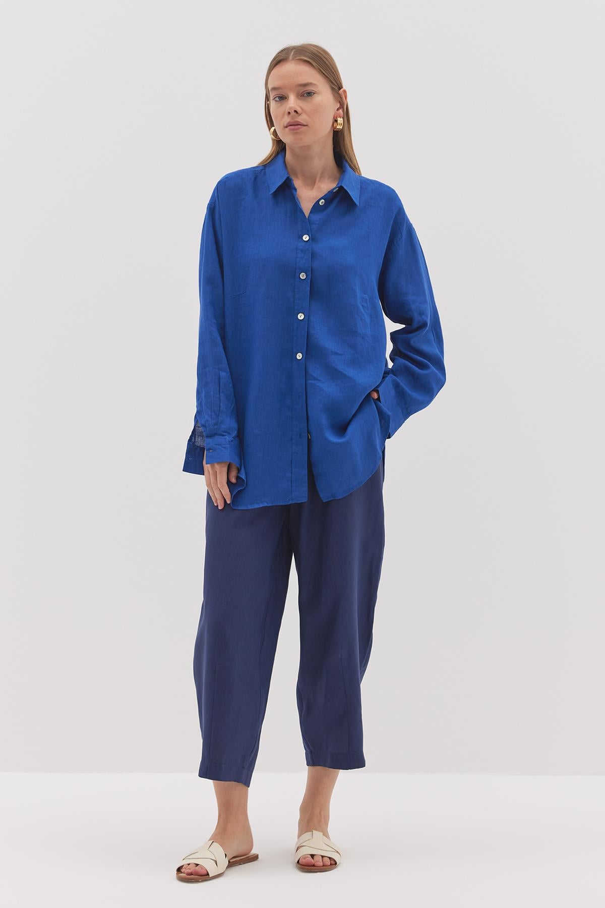 Linen Basic Gömlek Saks Mavisi