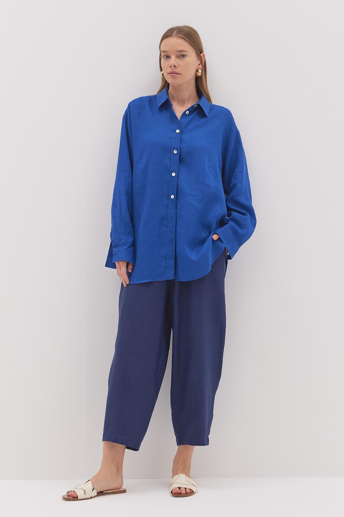 Linen Basic Gömlek Saks Mavisi