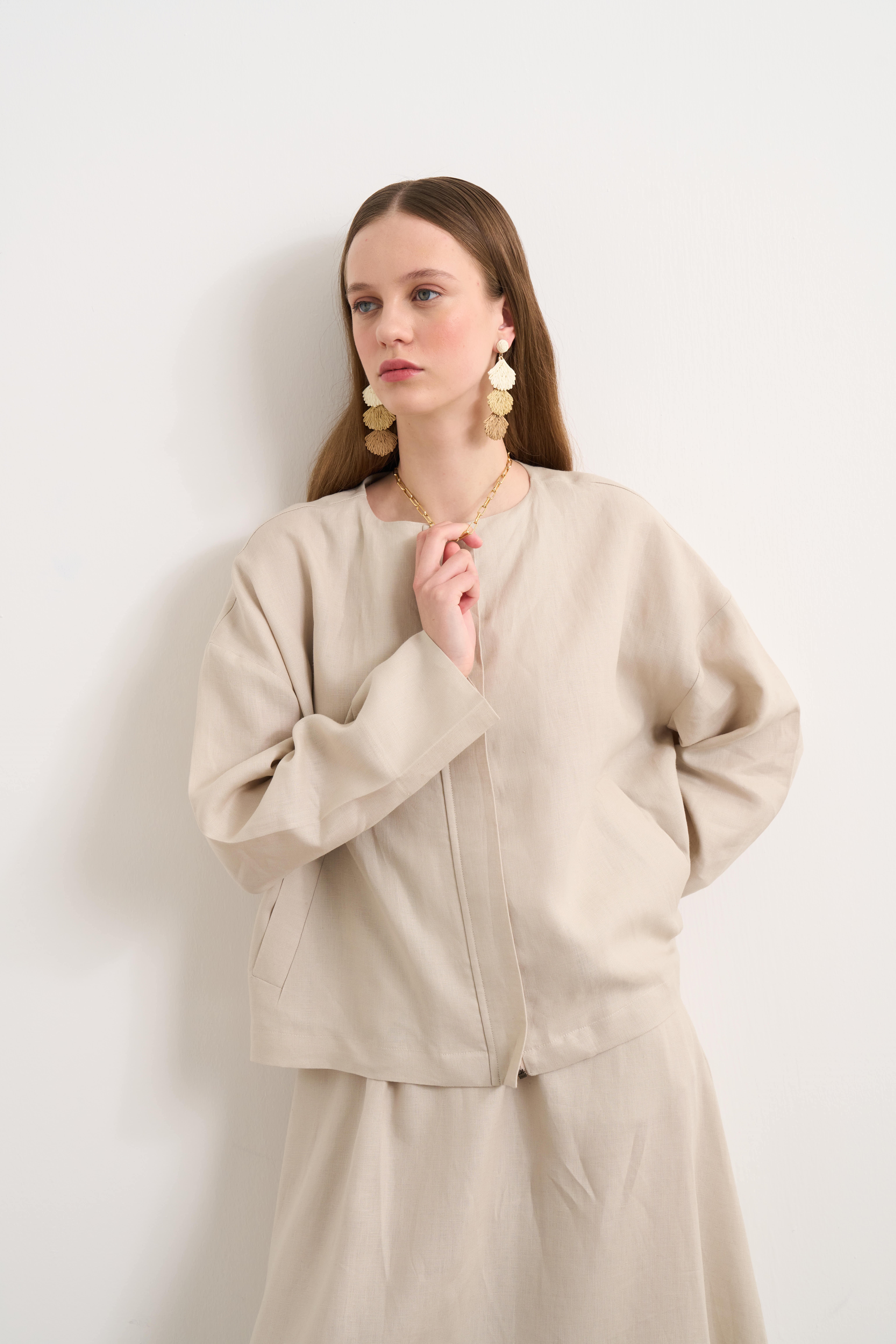 Linen Bomber Ceket Bej