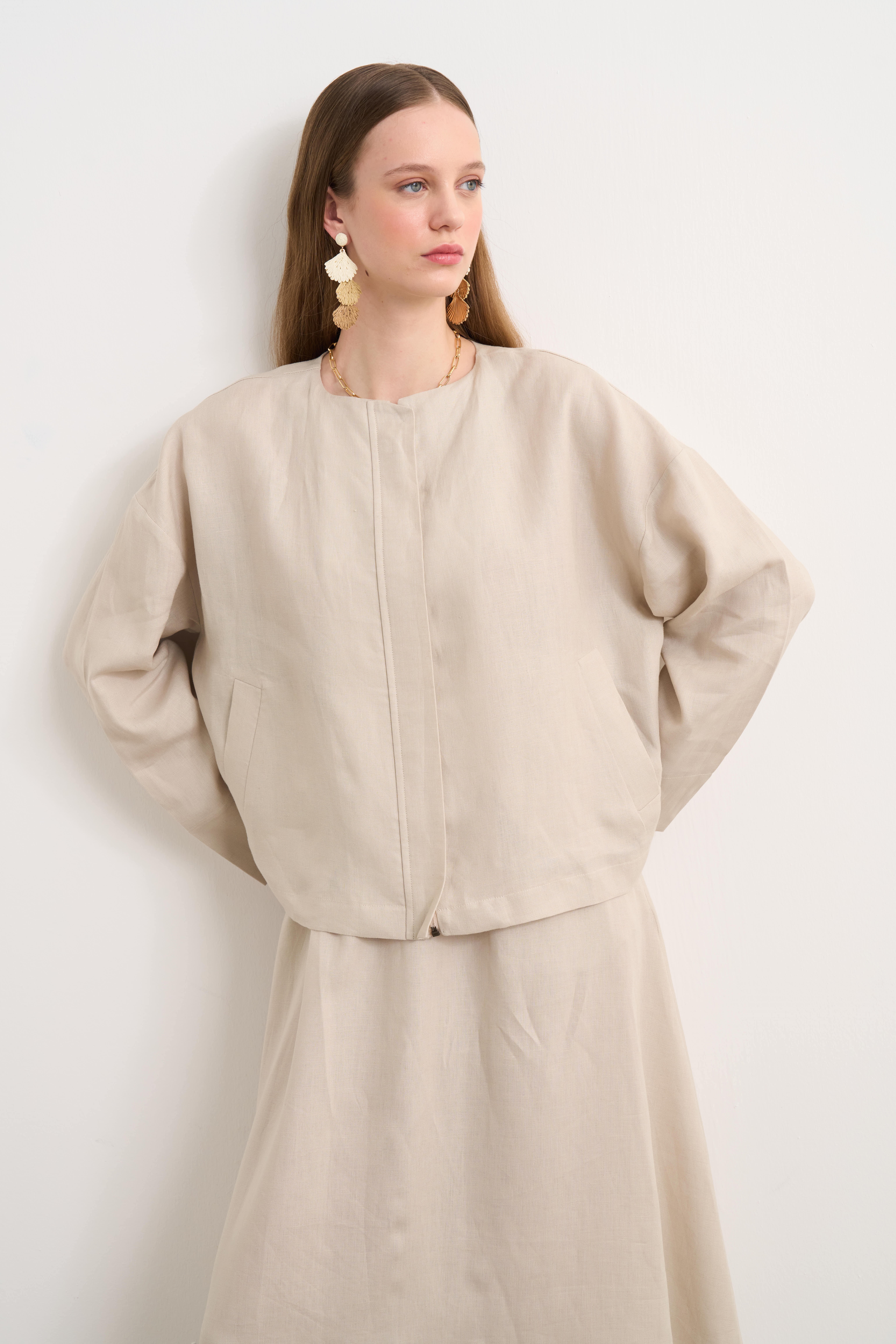 Linen Bomber Ceket Bej