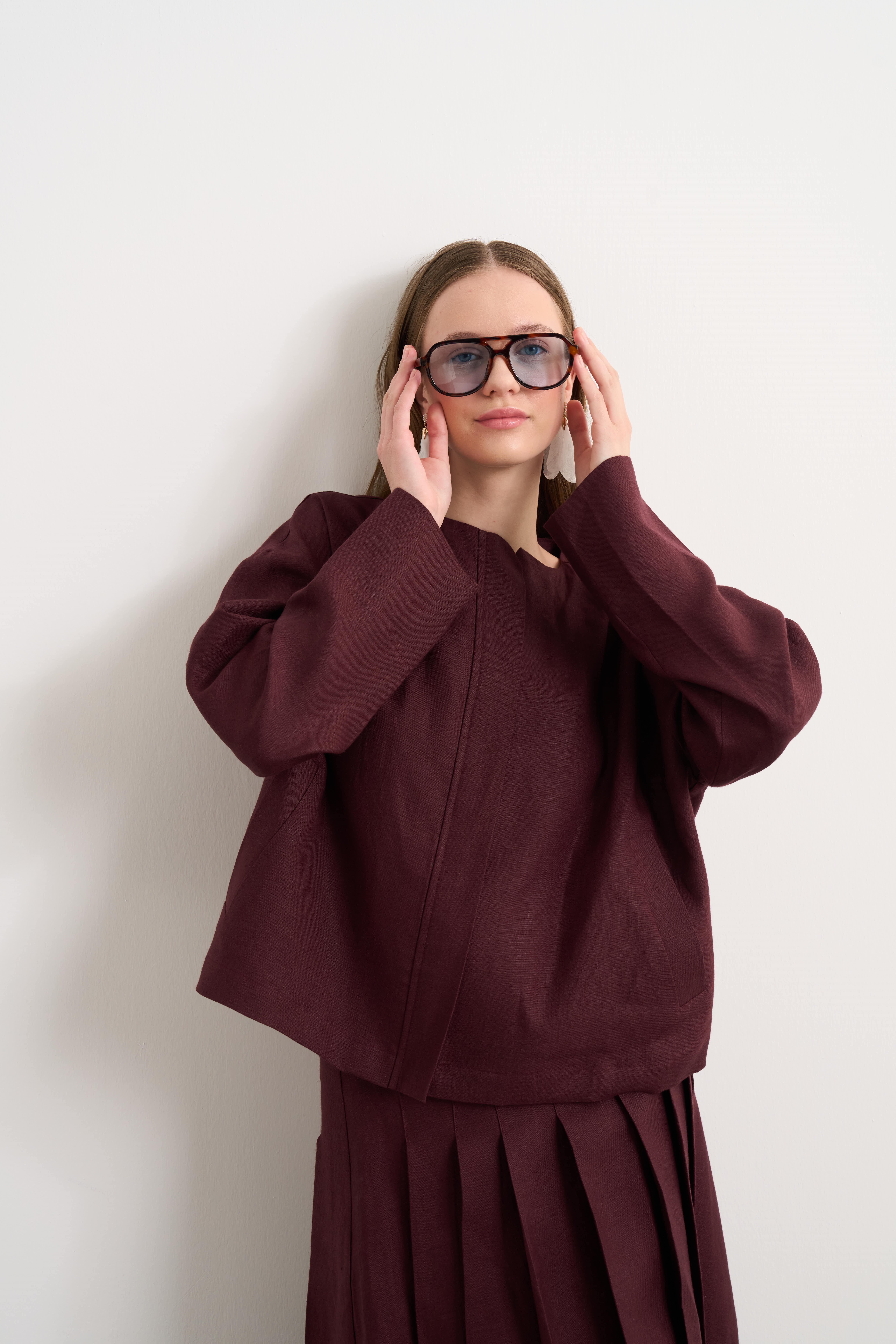 Linen Bomber Ceket Bordo
