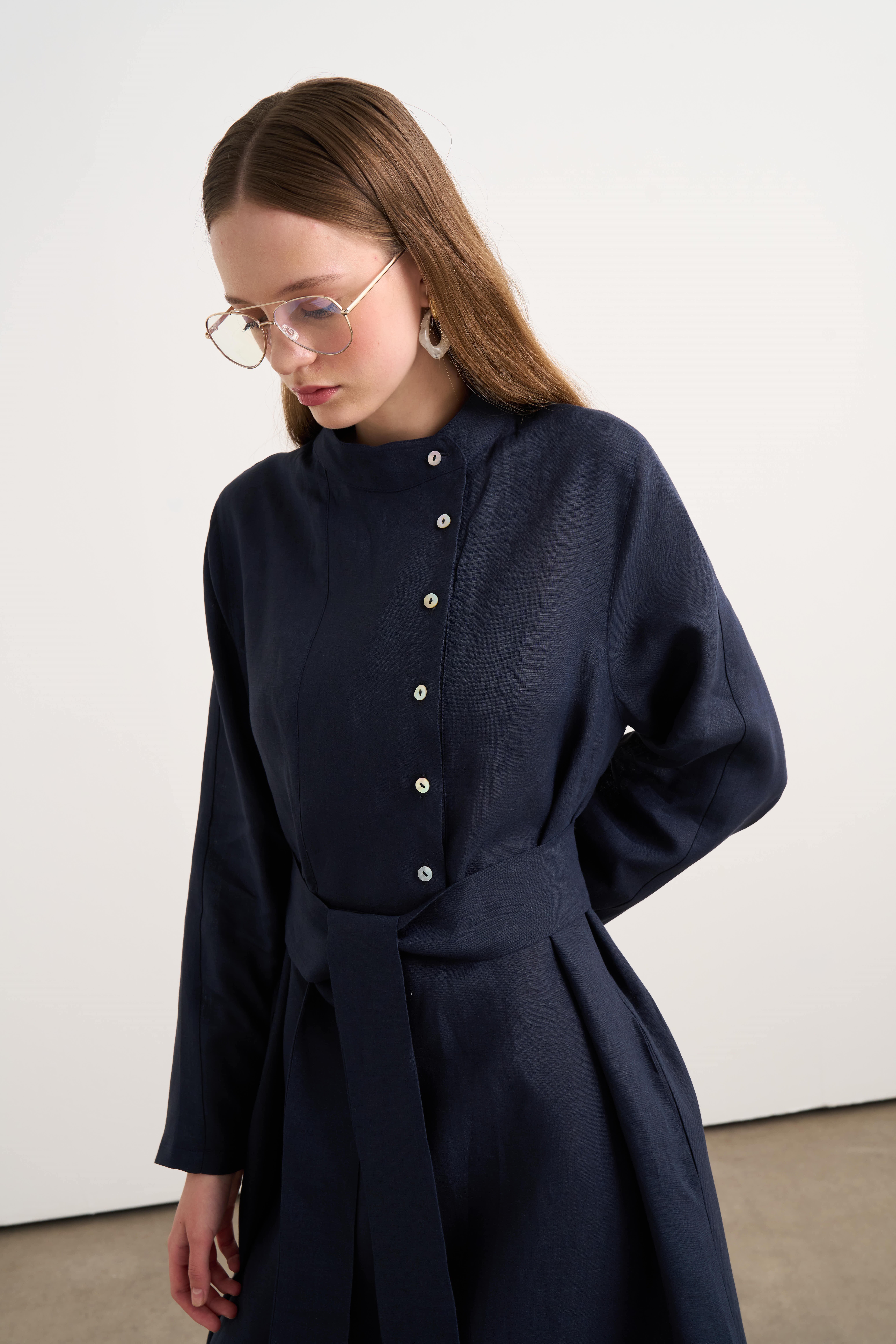 Linen Elbise Lacivert