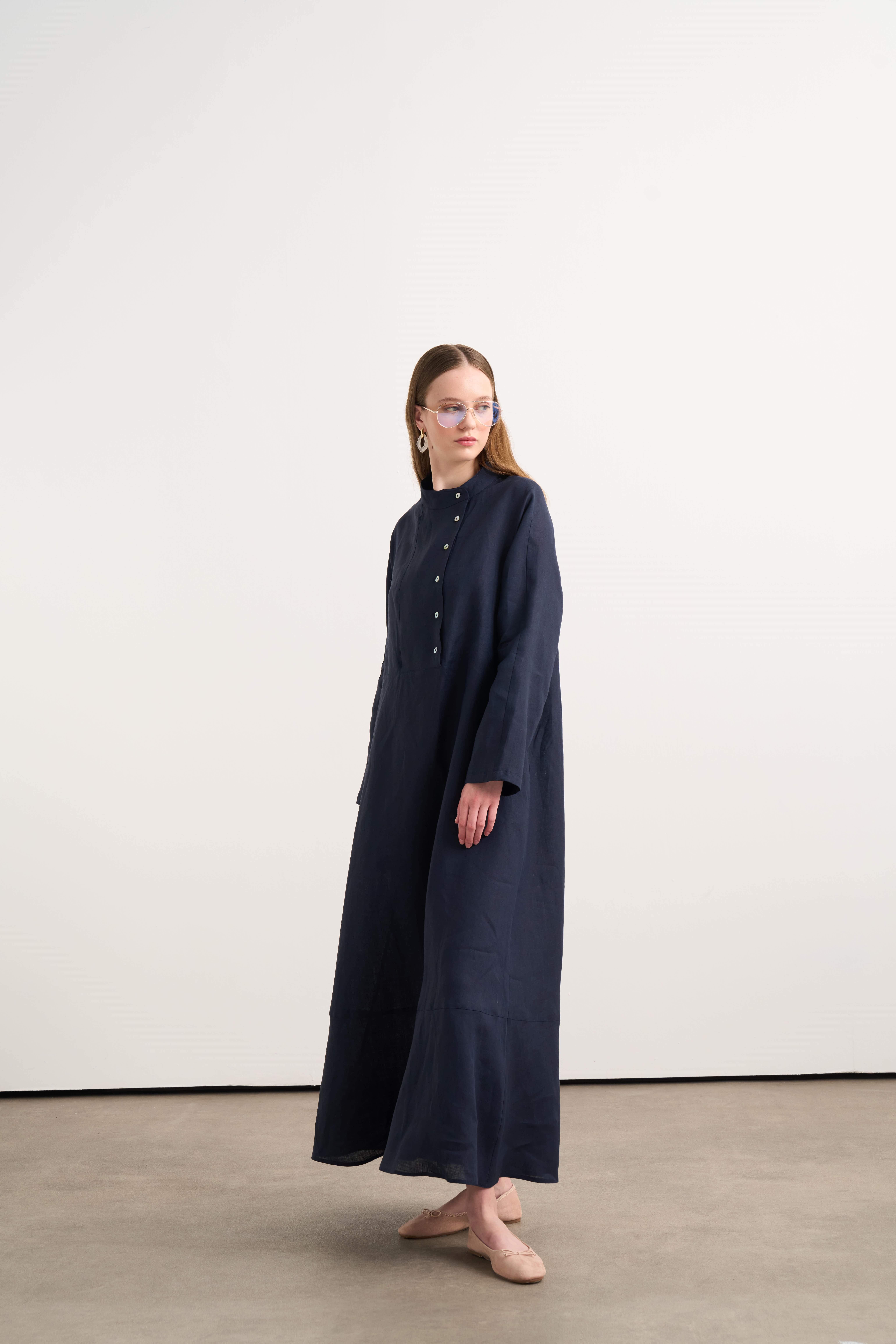 Linen Elbise Lacivert