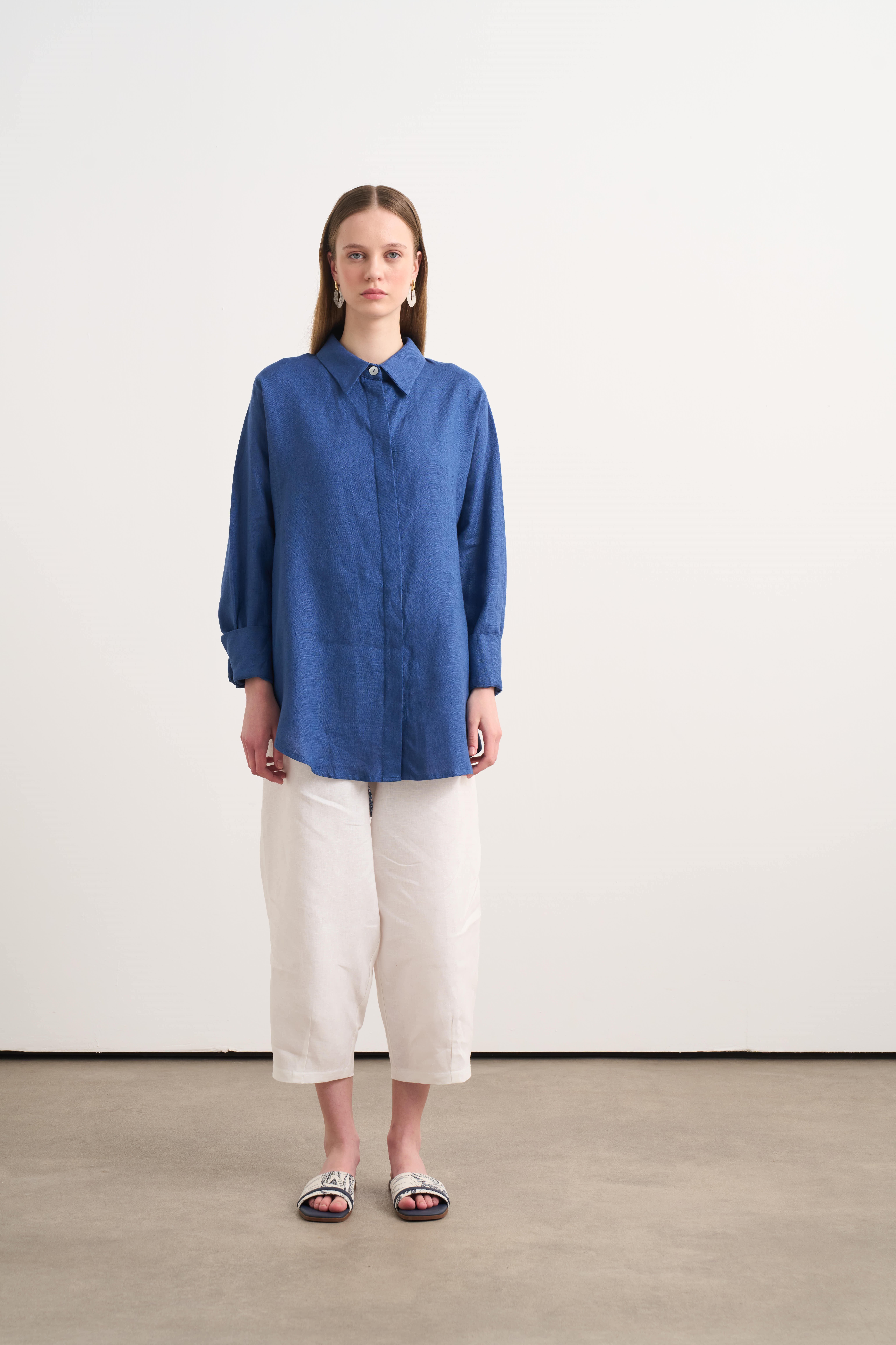 Linen Keten Gömlek - Mavi