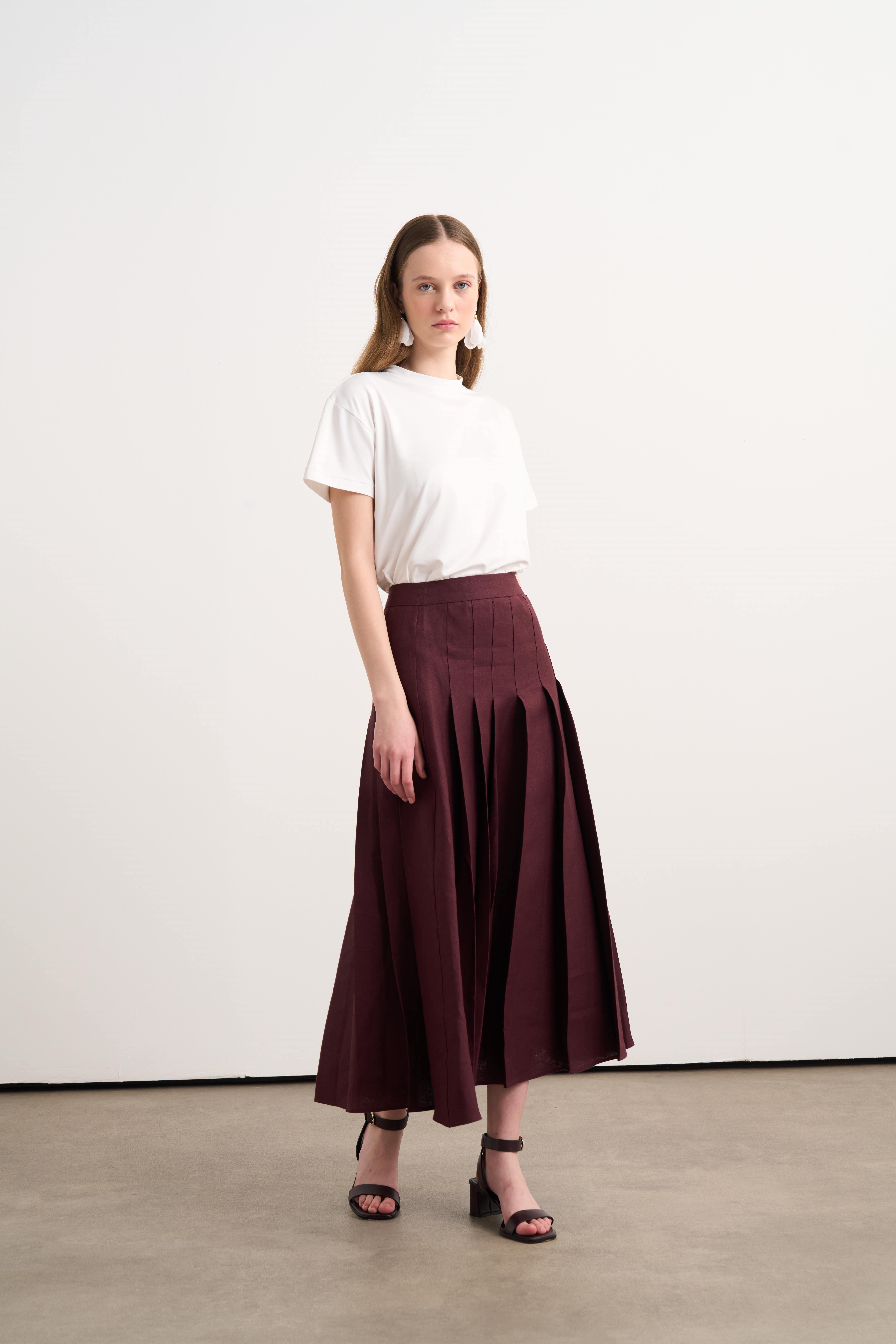 Linen Pileli Etek Mürdüm