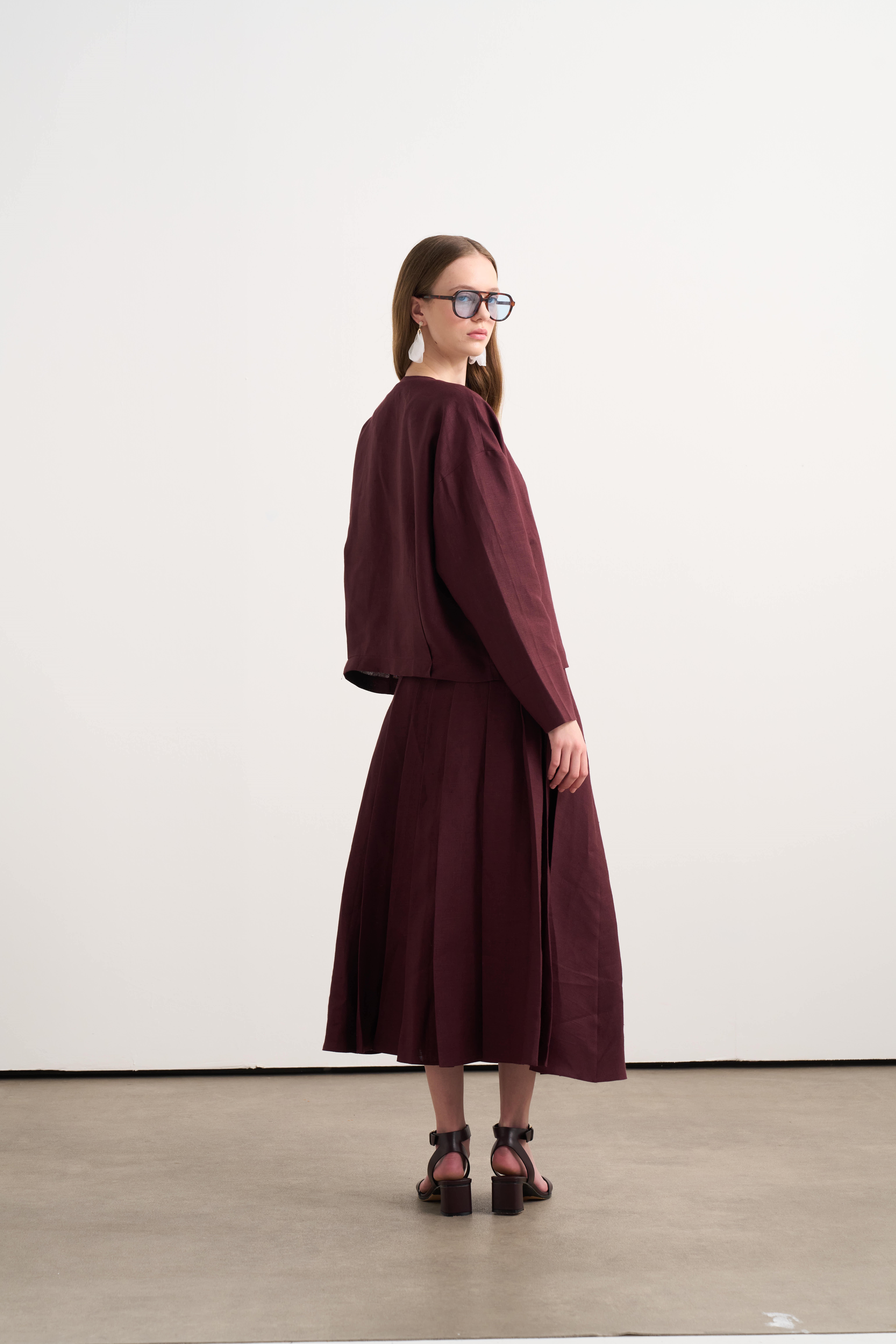 Linen Pileli Etek Mürdüm