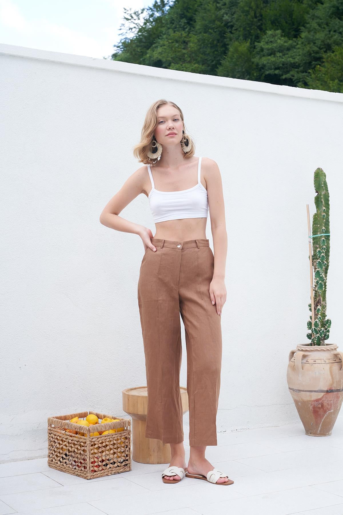 Linen Soft Pantolon-Taba