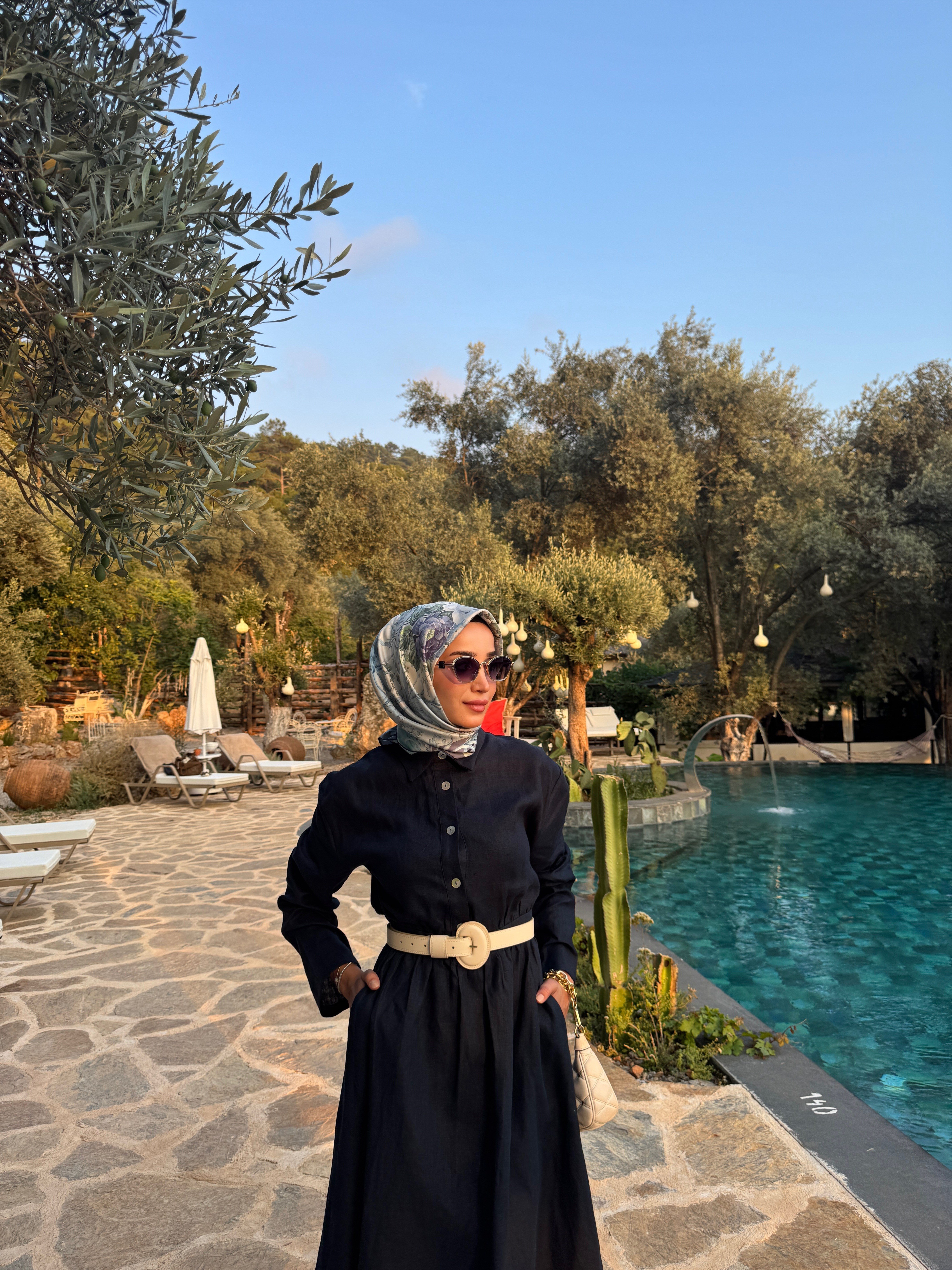 Linen Uzun Kol Elbise Lacivert
