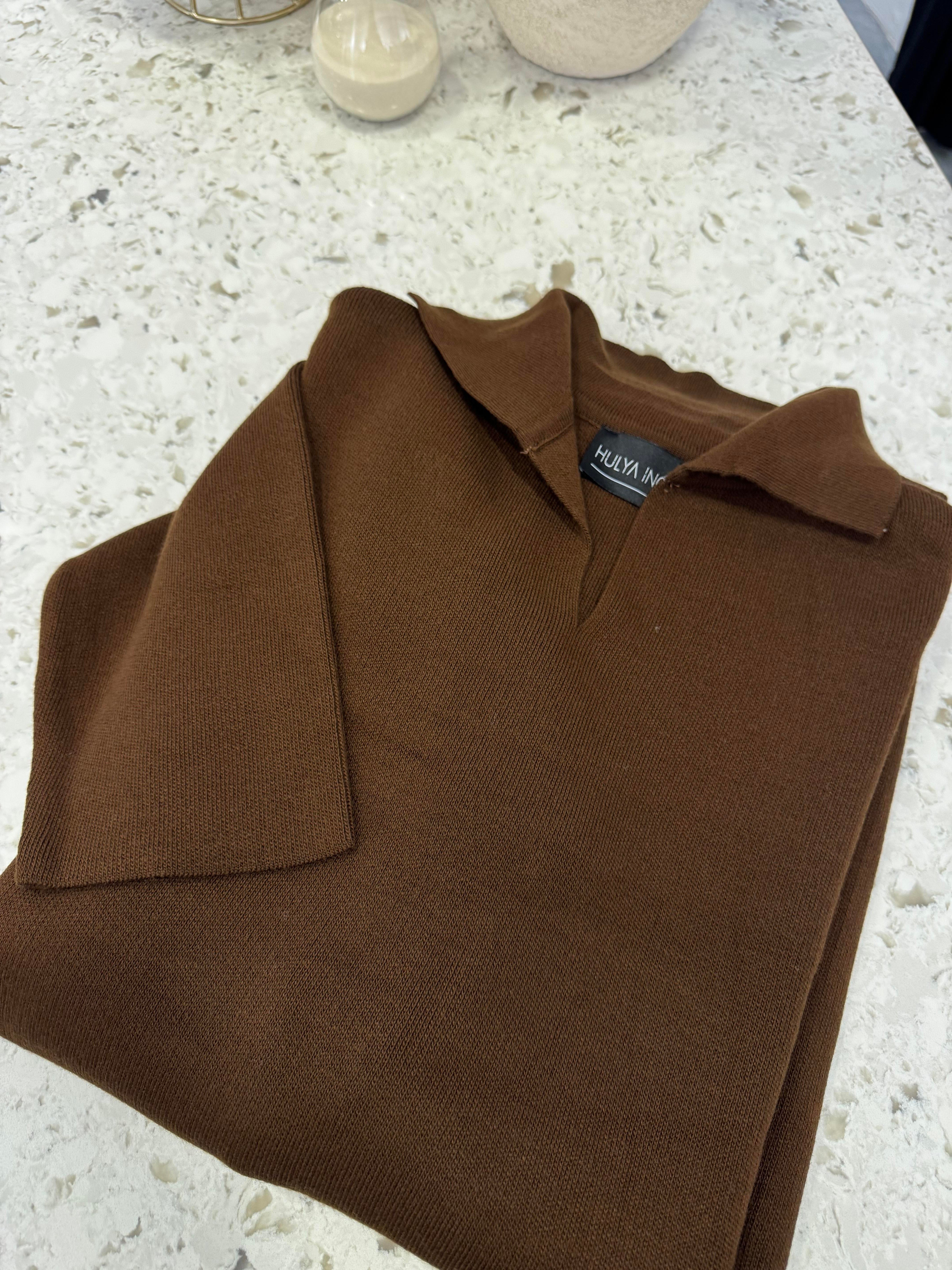 V Yaka Triko Elbise kahve