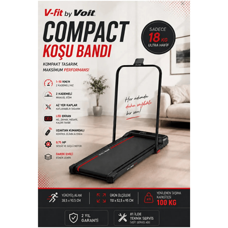 Voit Compact Katlanabilir Koşu ve Yürüyüş Bandı – Manuel Eğimli, Uzaktan Kumandalı, 10 km/h