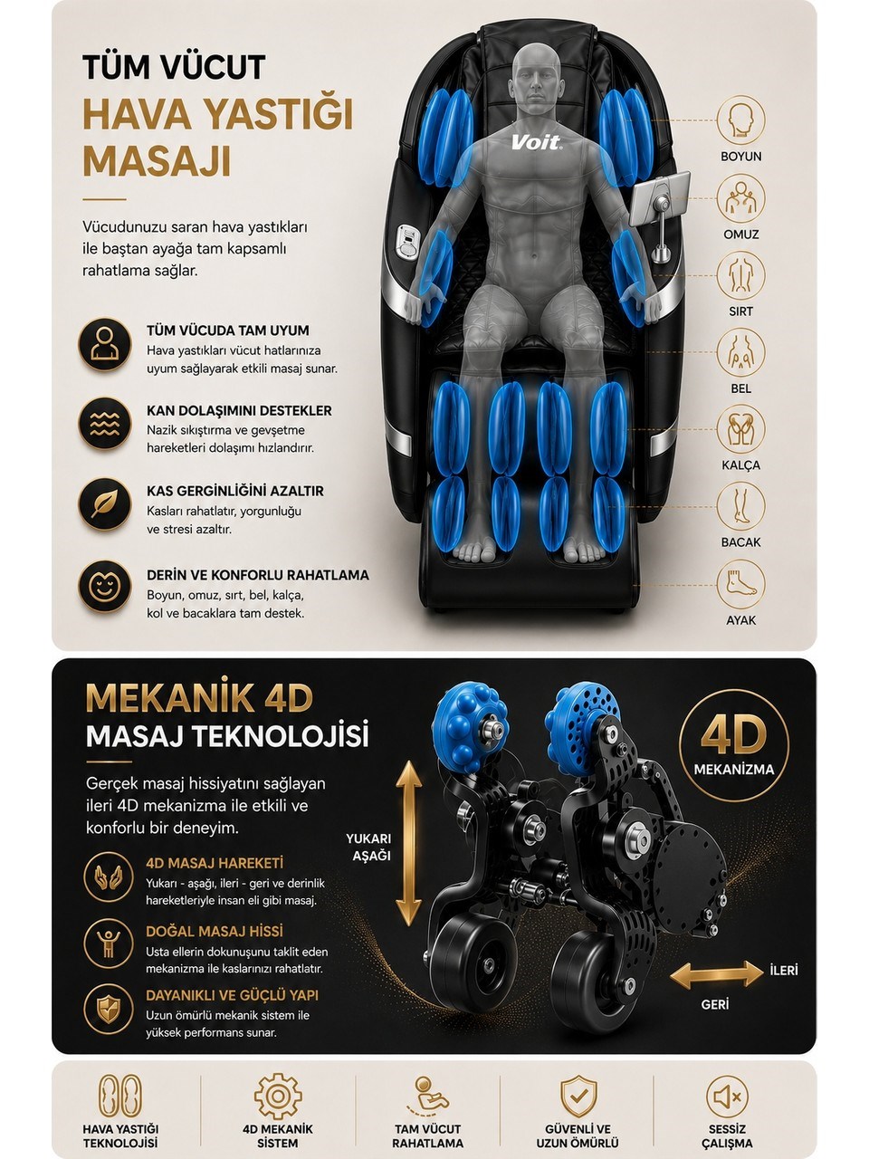 Voit Zero Gravity Masaj Koltuğu 4D Masaj Mekanizması Kumandalı Bluetooth Hoparlör Siyah Renk