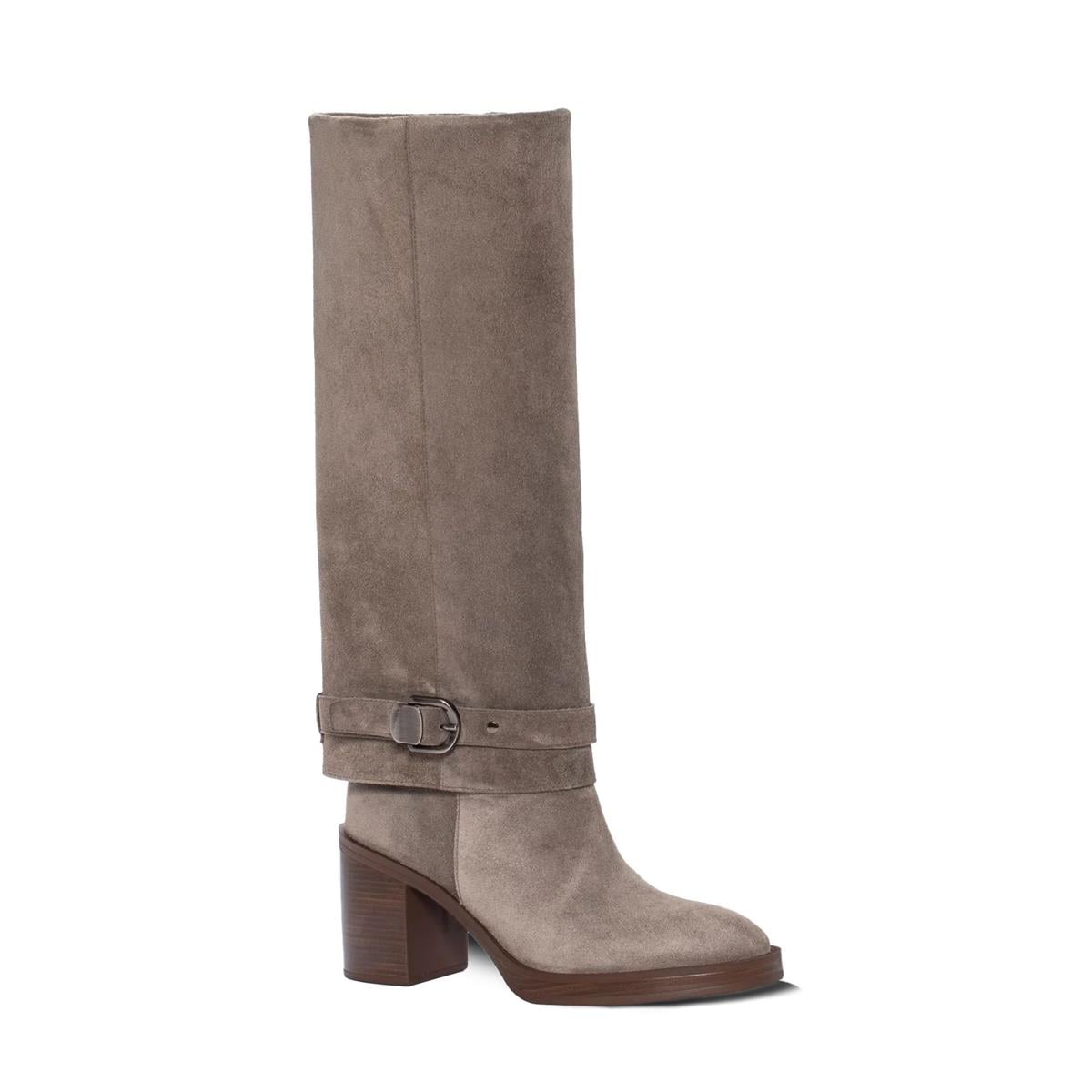 PONS QUINTANA11743.000MABEL Hakiki Süet Deri Fermuarlı Tokalı Diz Altı Kalın Topuk Çizme R85 VIZON SUET(Mink Suede)