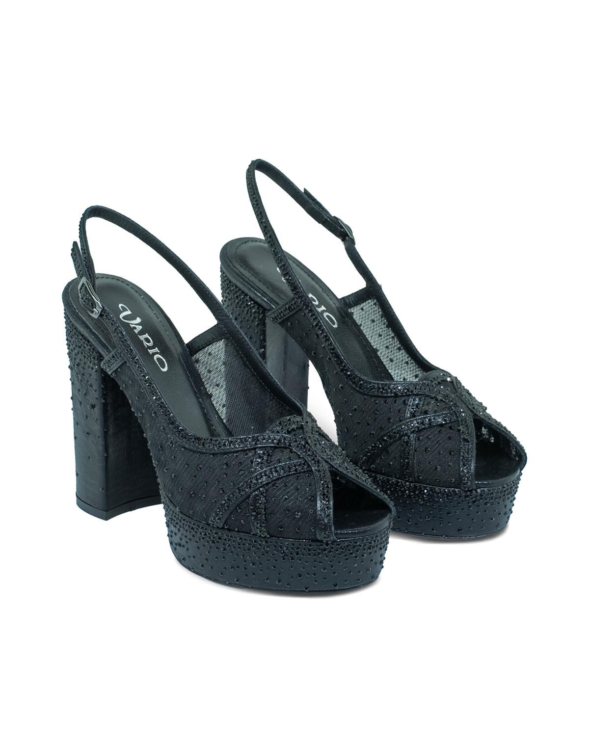 VARIO1974VARIO Kristal Taşlı File ve Saten Platform Topuklu V07 SIYAH SATEN TASLI (Black Satin Stone)