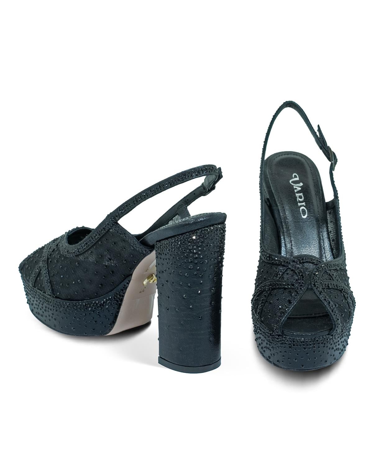 VARIO1974VARIO Kristal Taşlı File ve Saten Platform Topuklu V07 SIYAH SATEN TASLI (Black Satin Stone)