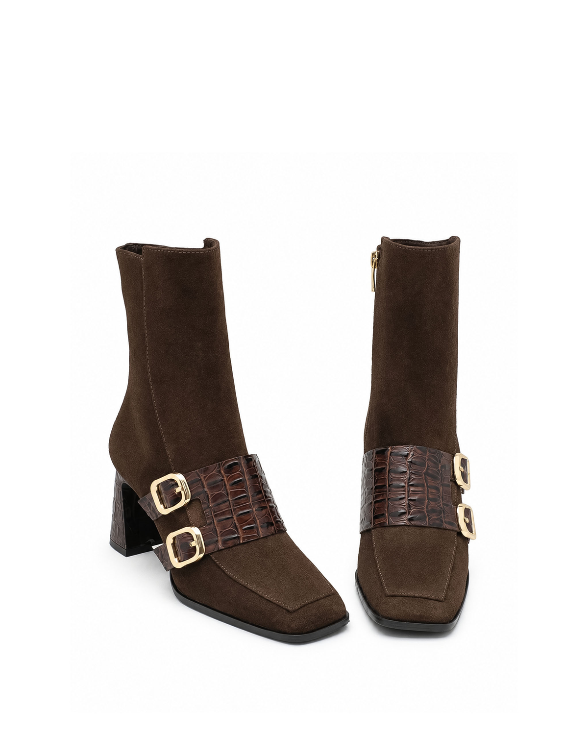 VARIO27657VARIO Hakiki Deri Çift Tokalı Topuklu Kadın Bot 381 KAHVE SÜET(Brown Suede)