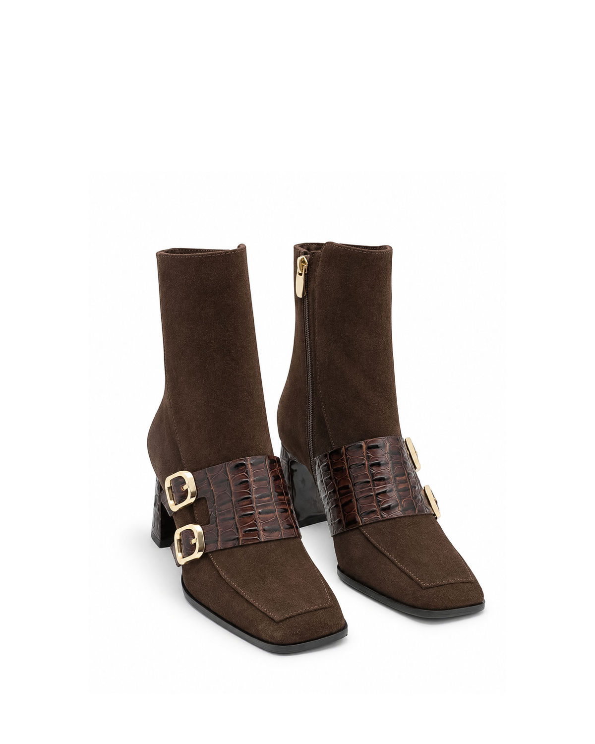 VARIO27657VARIO Hakiki Deri Çift Tokalı Topuklu Kadın Bot 381 KAHVE SÜET(Brown Suede)