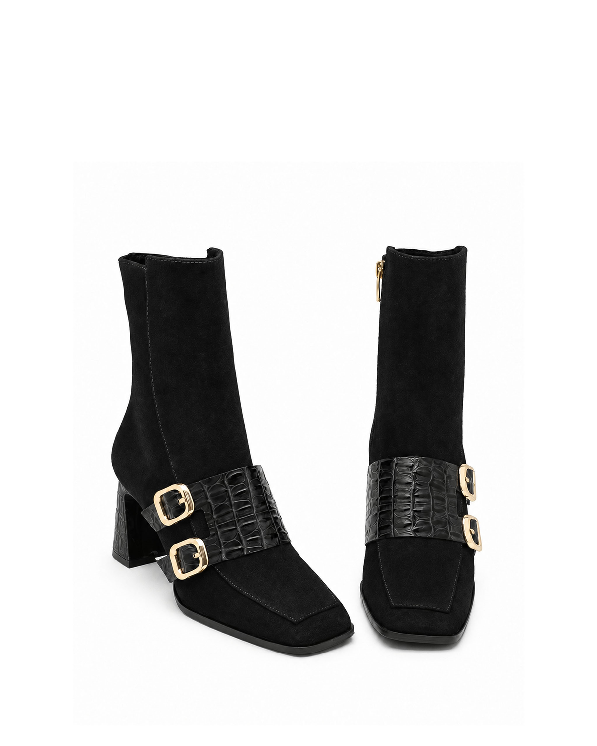 VARIO27657VARIO Hakiki Deri Çift Tokalı Topuklu Kadın Bot 346 SİYAH SÜET (Black Suede)