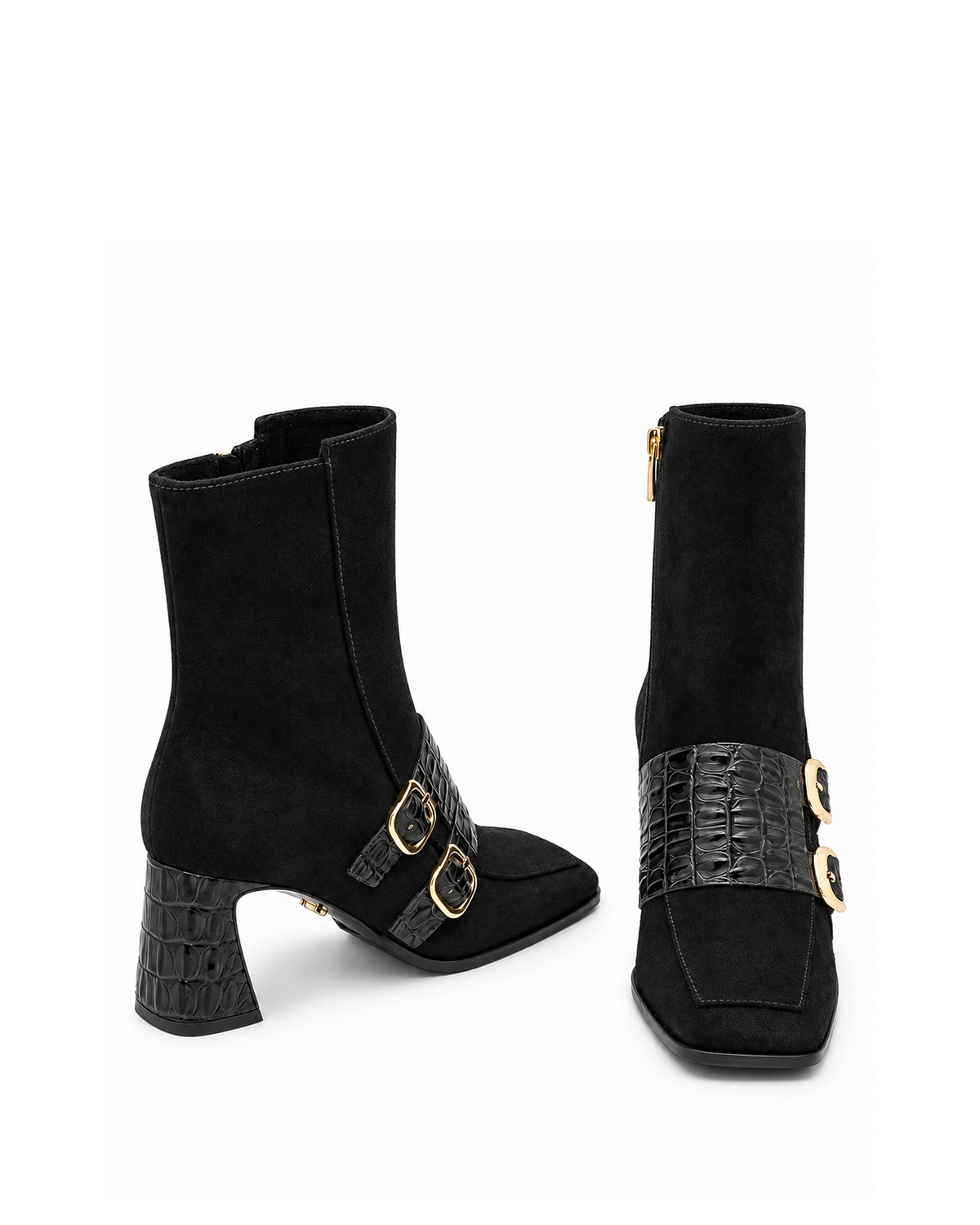 VARIO27657VARIO Hakiki Deri Çift Tokalı Topuklu Kadın Bot 346 SİYAH SÜET (Black Suede)