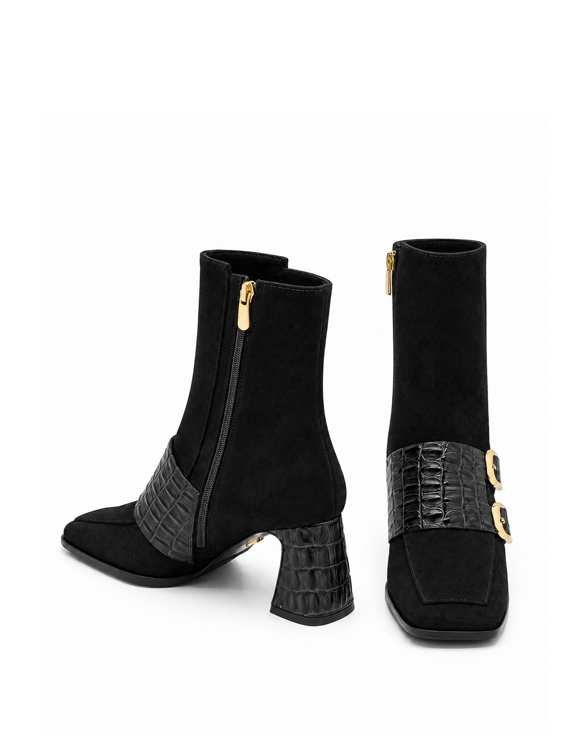 VARIO27657VARIO Hakiki Deri Çift Tokalı Topuklu Kadın Bot 346 SİYAH SÜET (Black Suede)