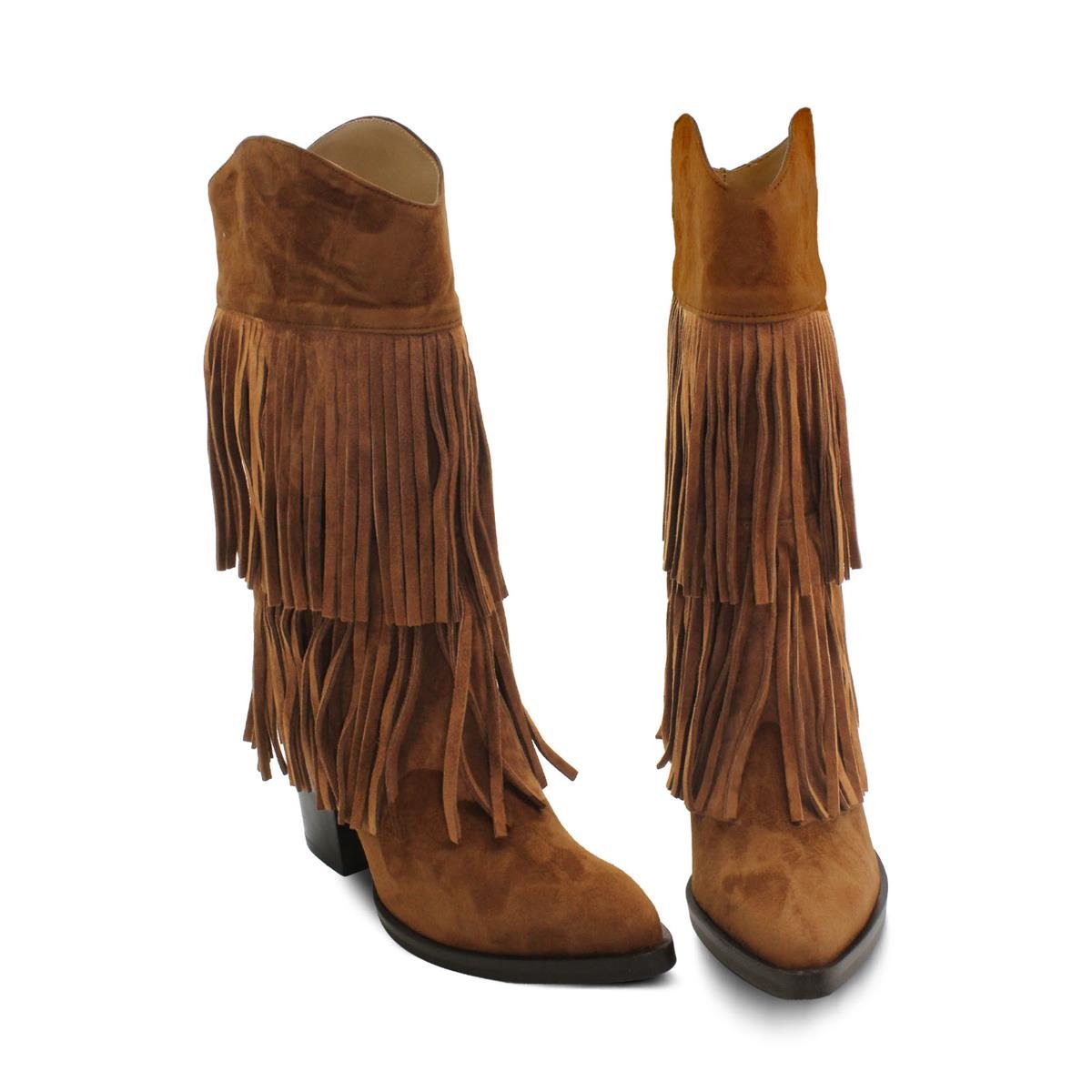 VARIOP986VARIO Hakiki Süet Püsküllü Western Topuklu Çizme Z621 SUEDE ACIK SIGARO