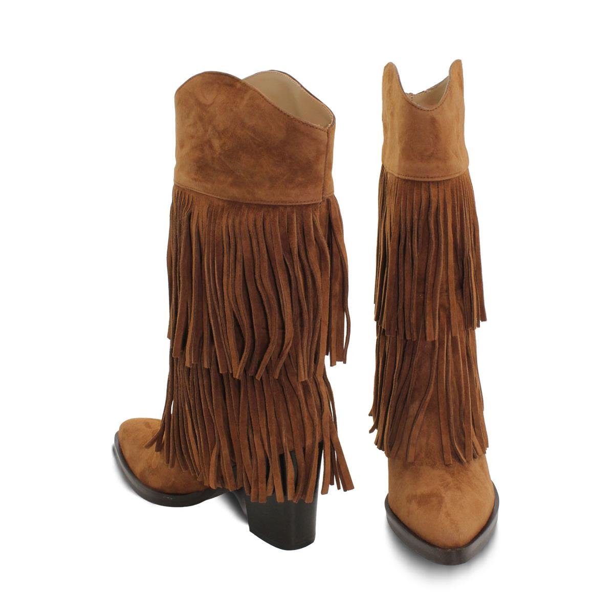 VARIOP986VARIO Hakiki Süet Püsküllü Western Topuklu Çizme Z621 SUEDE ACIK SIGARO