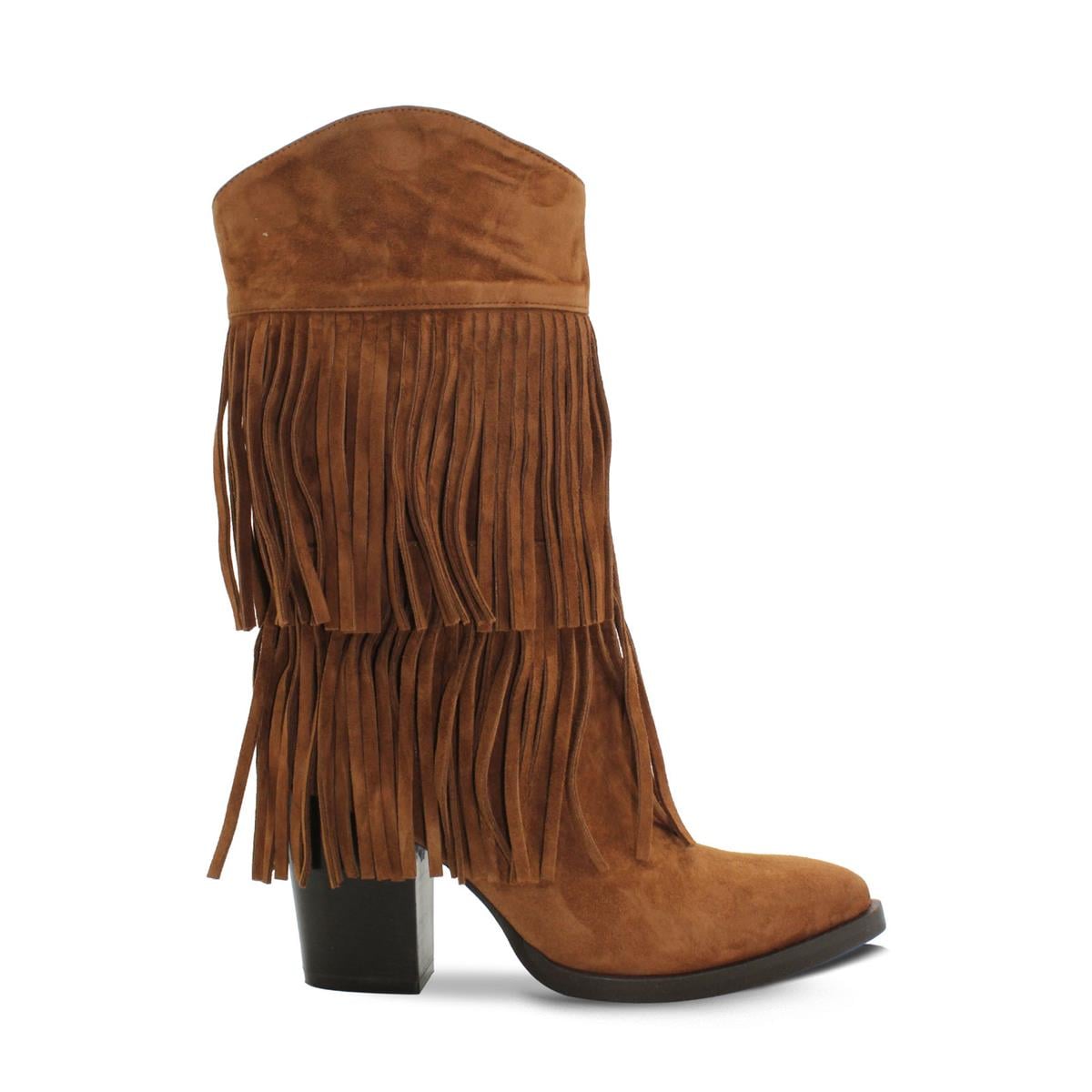 VARIOP986VARIO Hakiki Süet Püsküllü Western Topuklu Çizme Z621 SUEDE ACIK SIGARO
