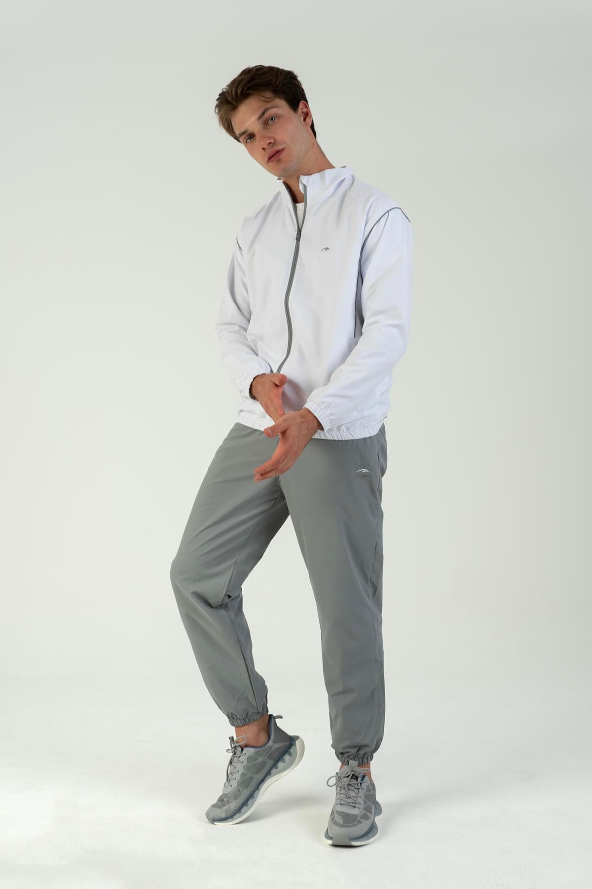 Maraton Active Comfort Erkek Dik Yaka Lastik Paça Reglan Kol Antrenman Beyaz Eşofman Takımı 22732