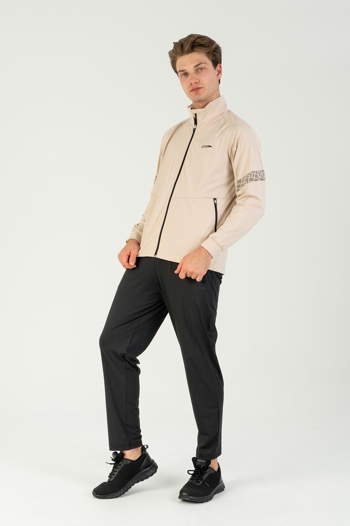 Maraton Active Comfort Erkek Dik Yaka Düz Paça Reglan Kol Antrenman Taş Rengi Eşofman Takımı 22718