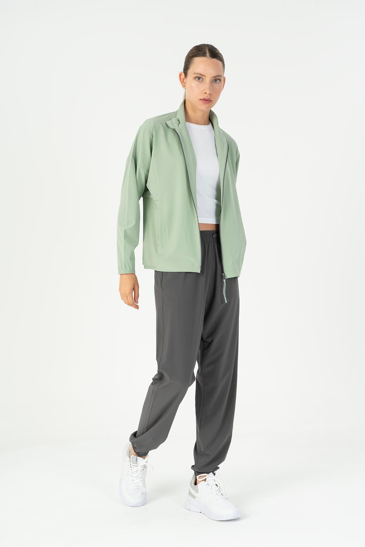 Maraton Active Comfort Kadın Dik Yaka  Düşük Kol Fitness Açık Yeşil Tracktop 23201
