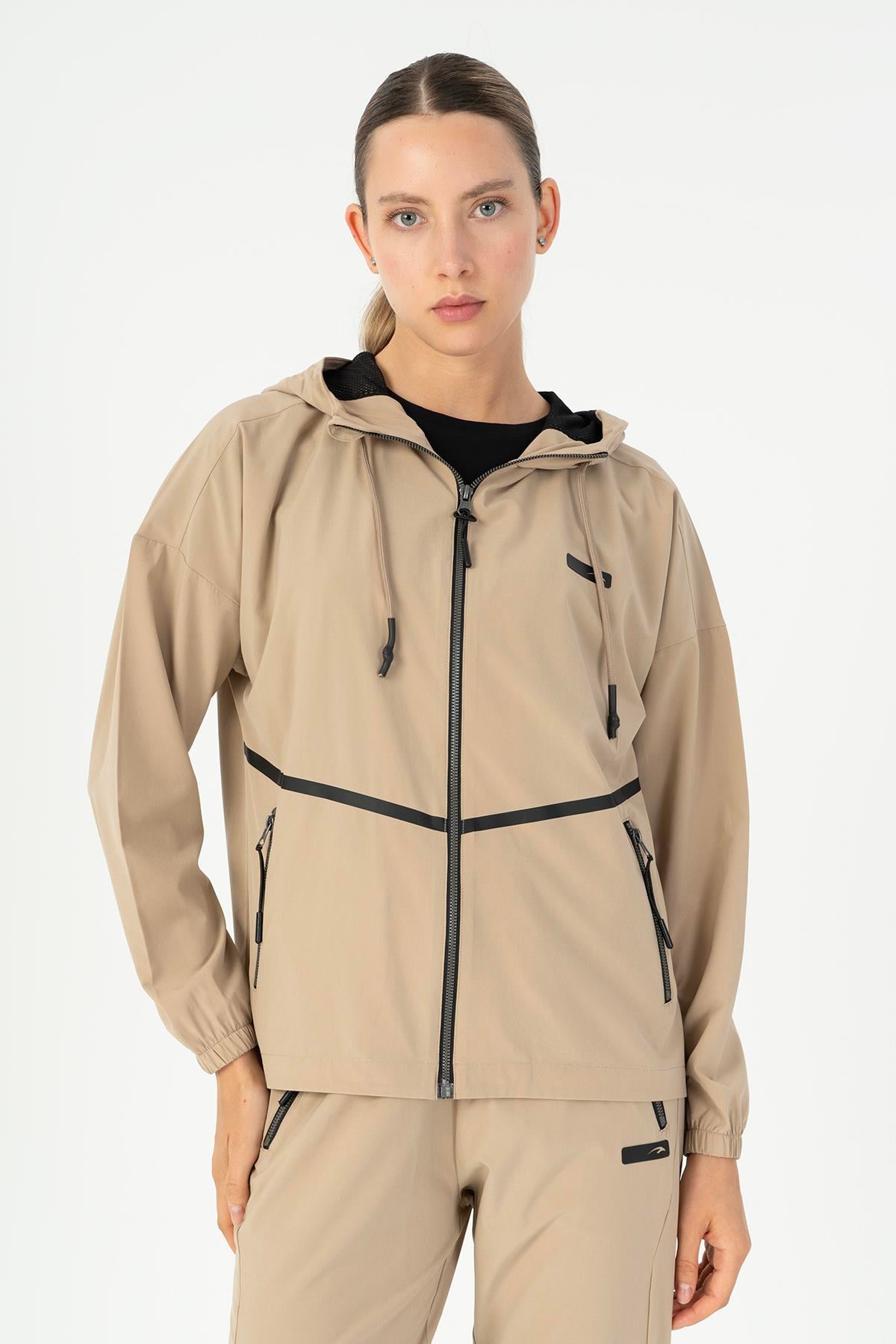 Maraton Active Comfort Kadın Kapşonlu  Düşük Kol Training Açık Vizon Tracktop 23265