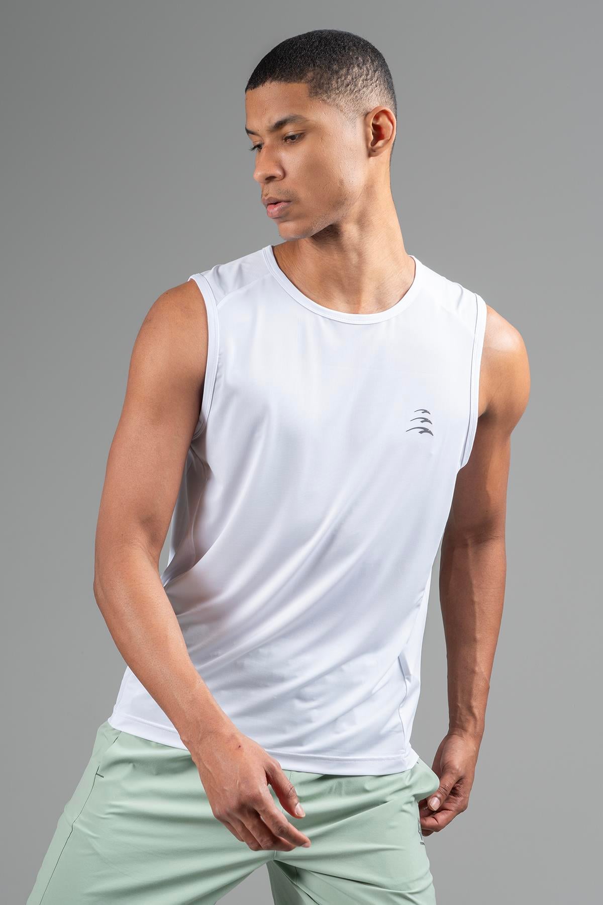 Maraton Active Regular Erkek Bisiklet Yaka  Kolsuz Koşu Beyaz Atlet 22562