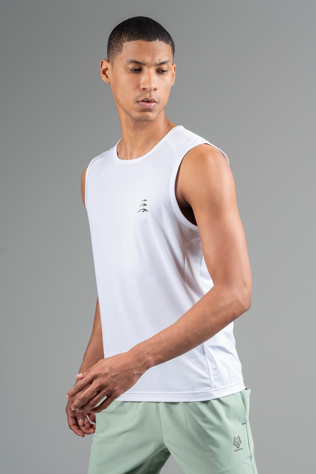 Maraton Active Regular Erkek Bisiklet Yaka  Kolsuz Koşu Beyaz Atlet 22562