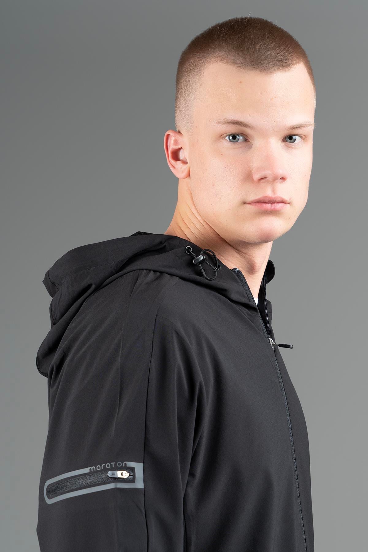 Maraton Active Regular Erkek Kapşonlu  Reglan Kol Basic Siyah Eşofman Üstü 22668
