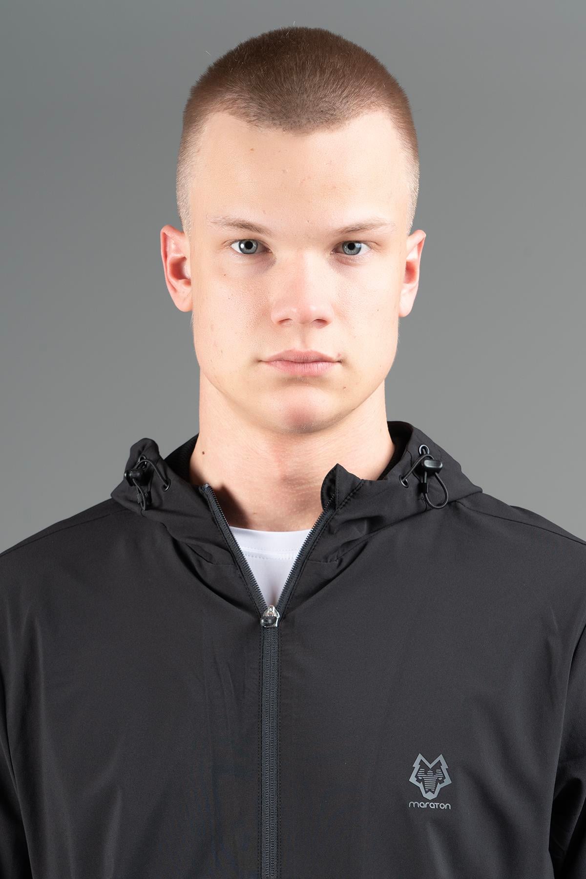 Maraton Active Regular Erkek Kapşonlu  Reglan Kol Basic Siyah Eşofman Üstü 22668
