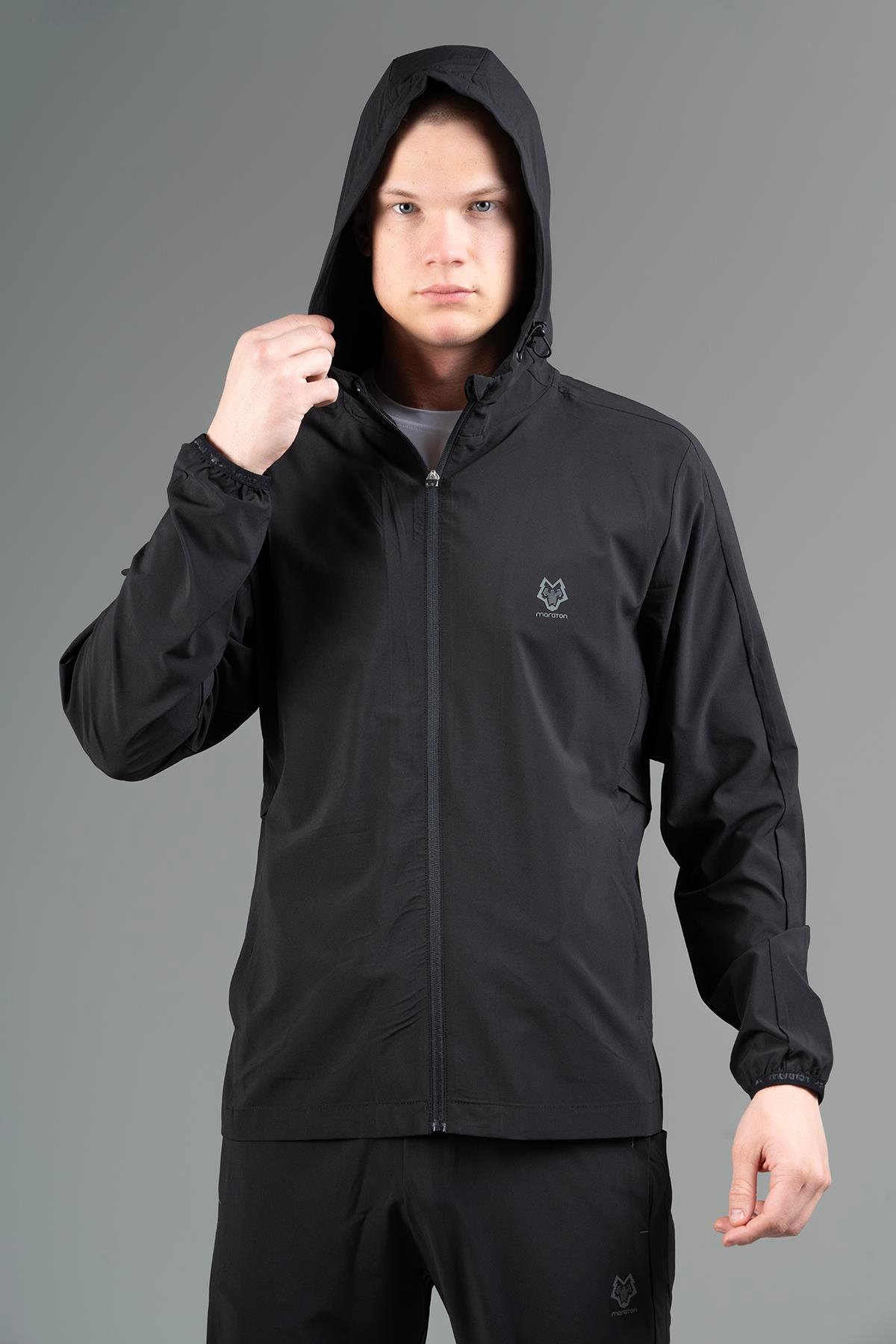 Maraton Active Regular Erkek Kapşonlu  Reglan Kol Basic Siyah Eşofman Üstü 22668